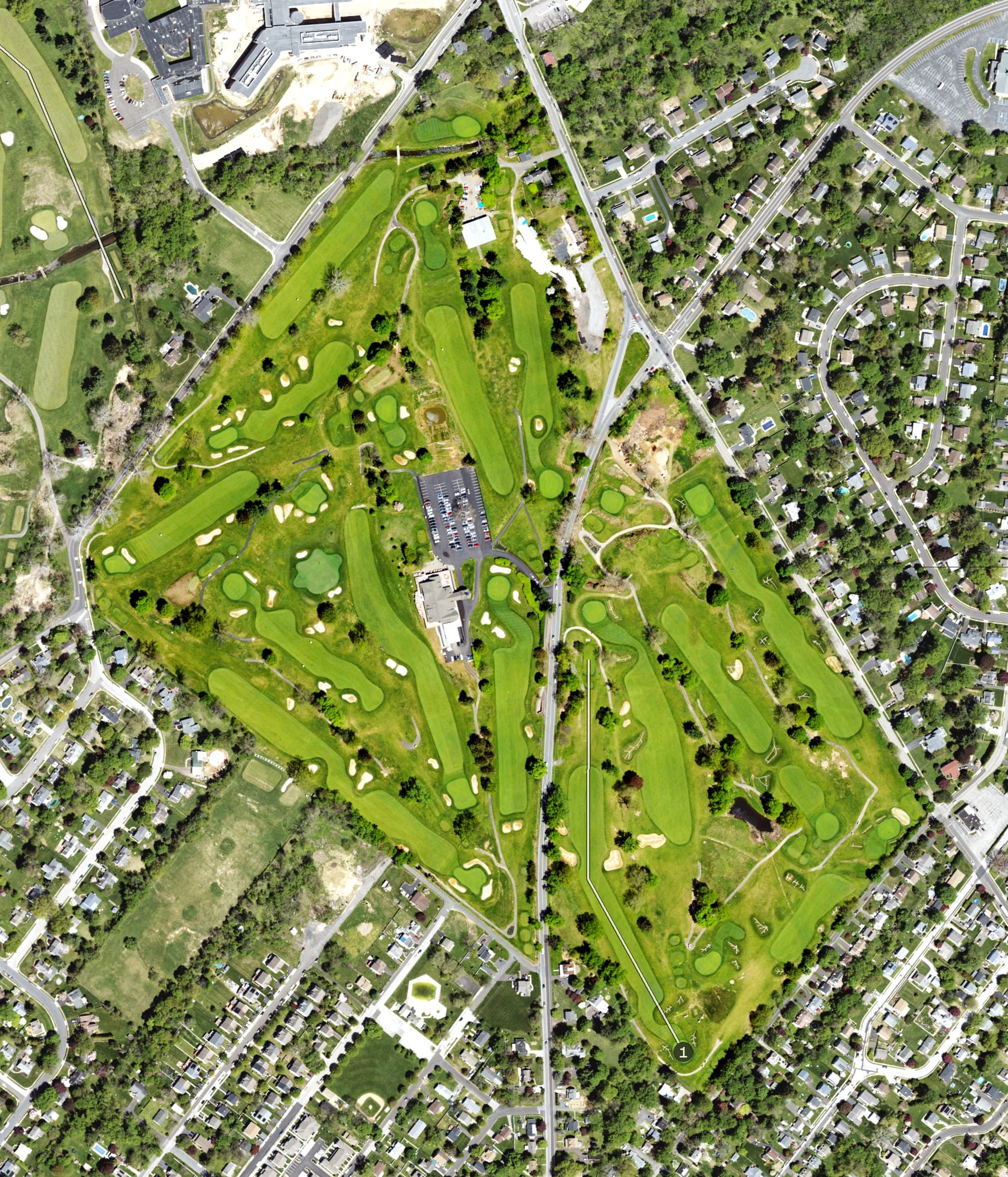 Aerial view of LuLu Country Club, PA, with its hole routing marked