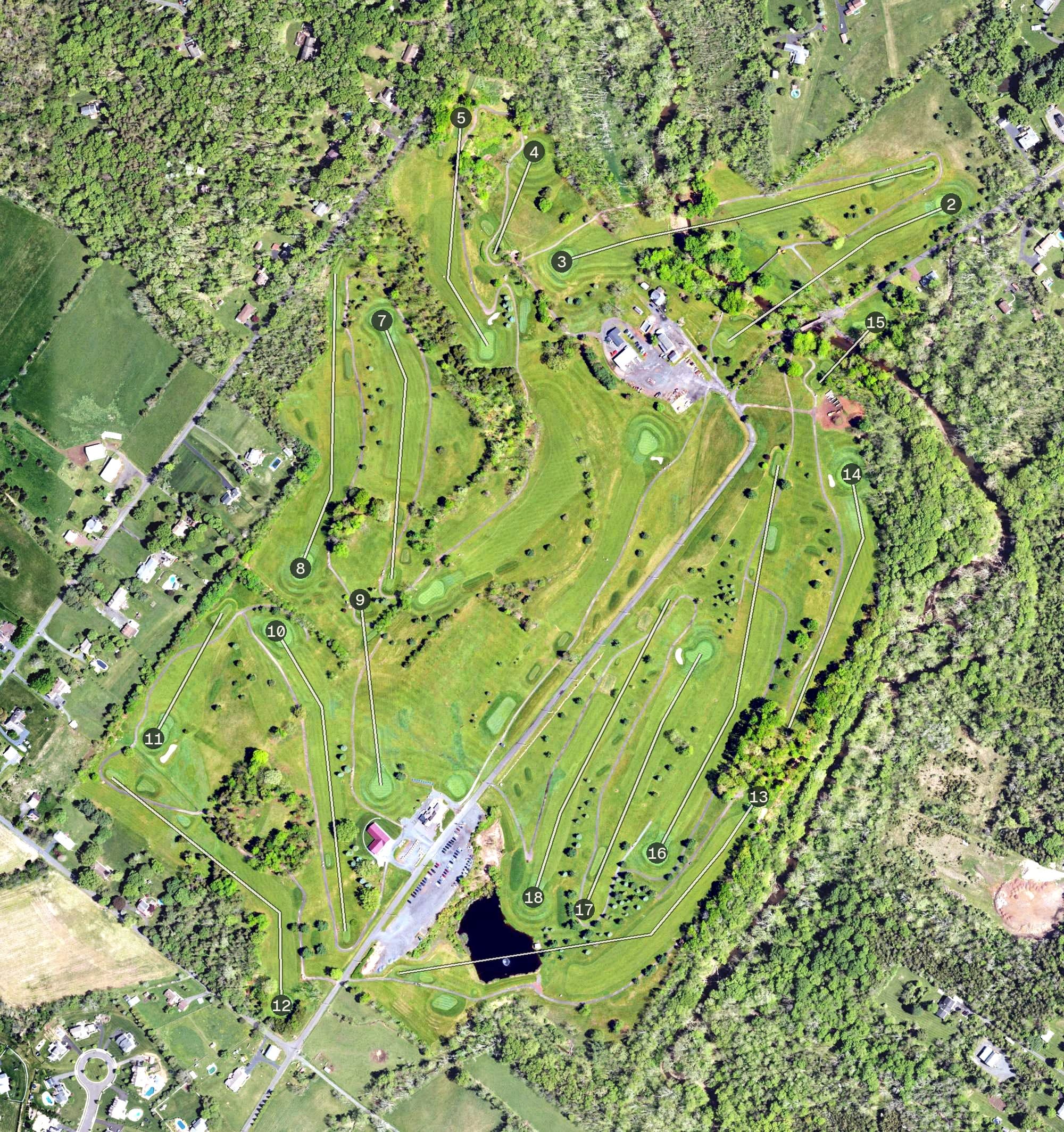 Aerial view of Macoby Run Golf Course, PA, with its hole routing marked