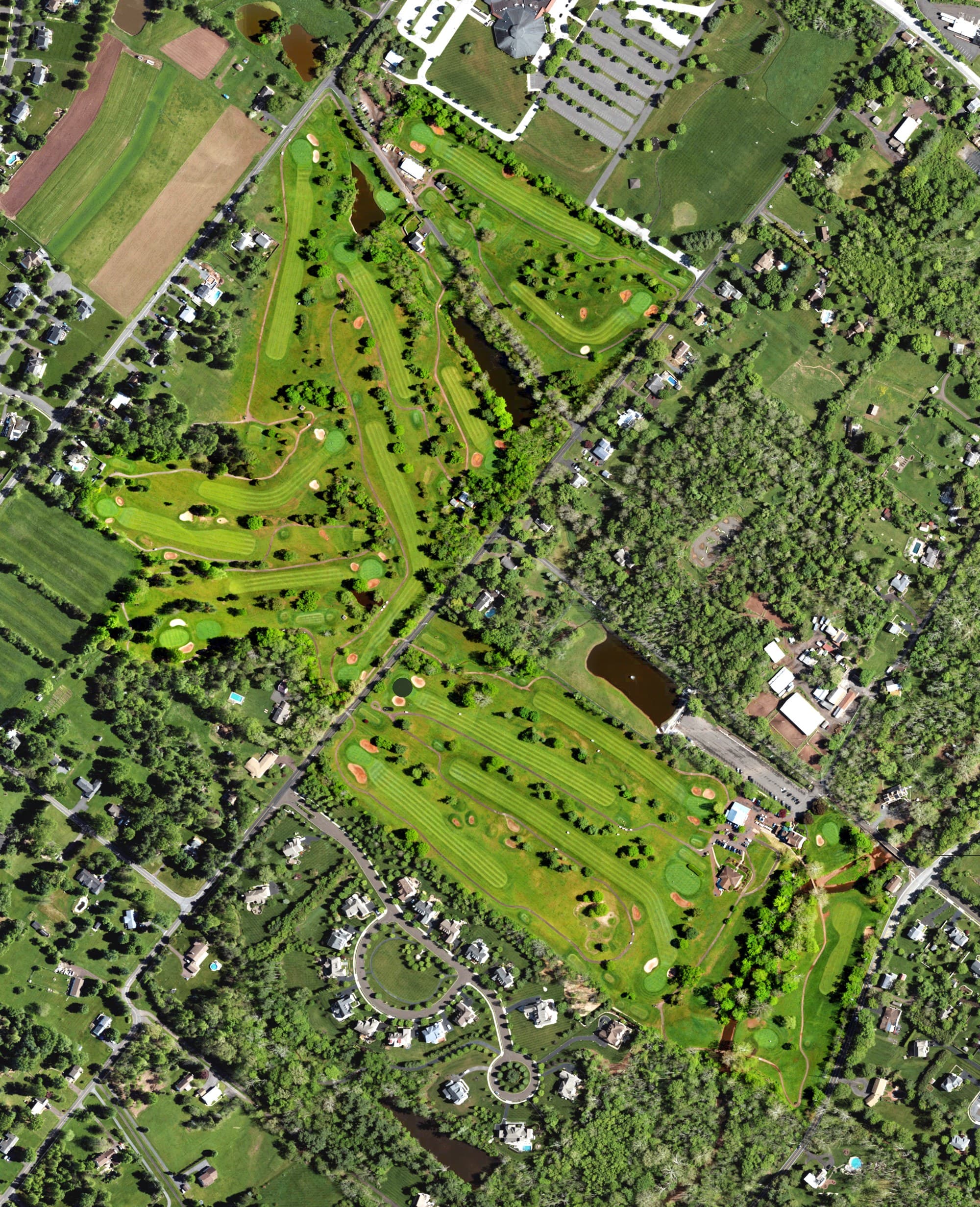 Aerial view of Mainland Golf Course, PA, with its hole routing marked