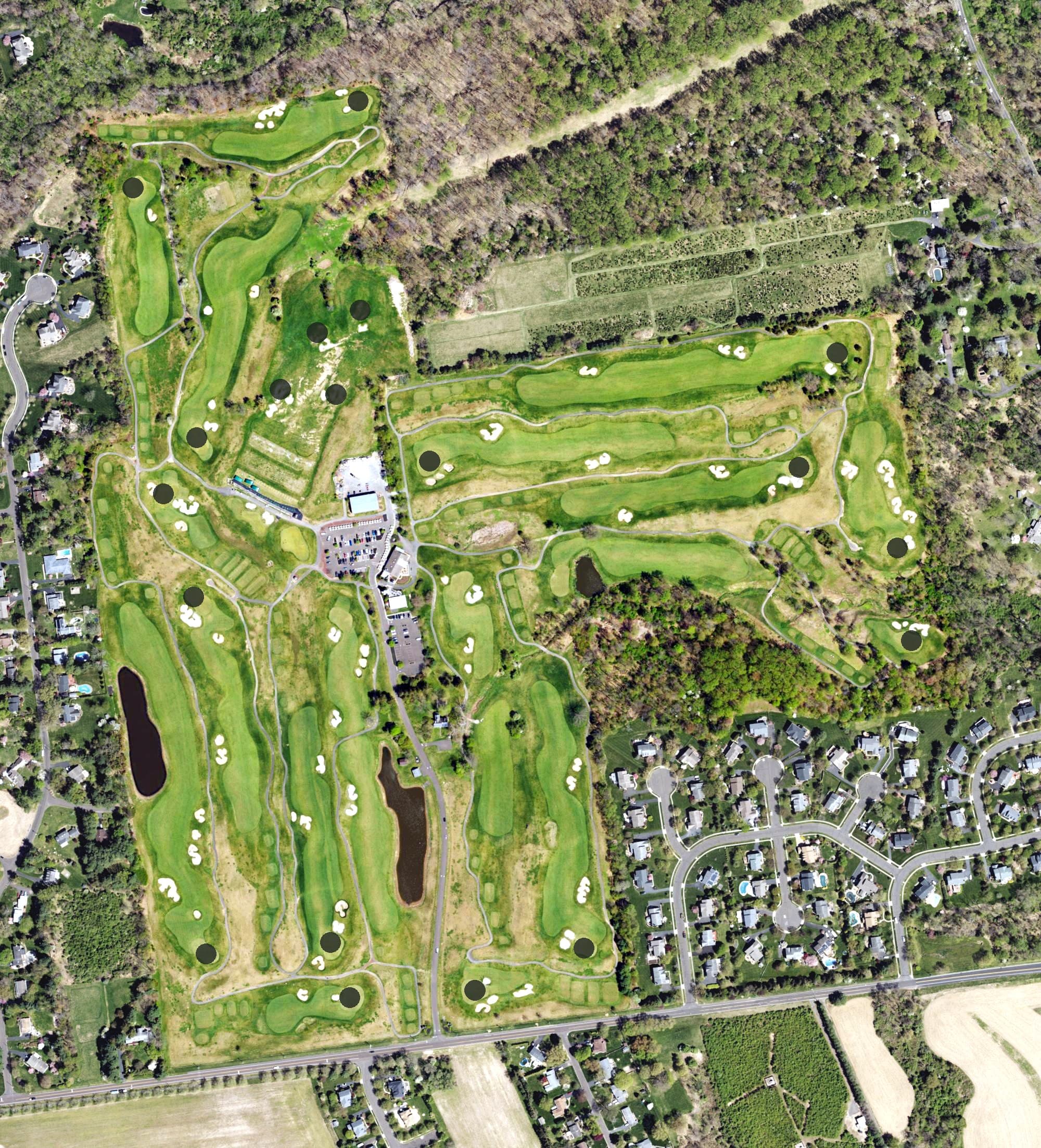 Aerial view of Makefield Highlands Golf Club, PA, with its hole routing marked