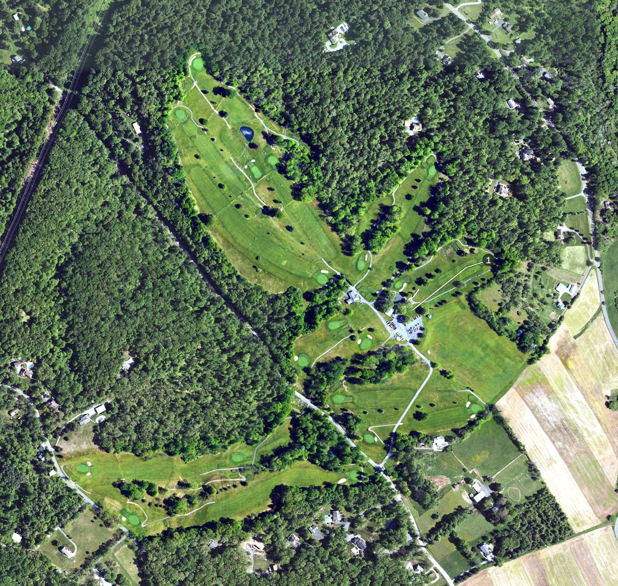Aerial view of Manor Golf Course, PA, with its hole routing marked