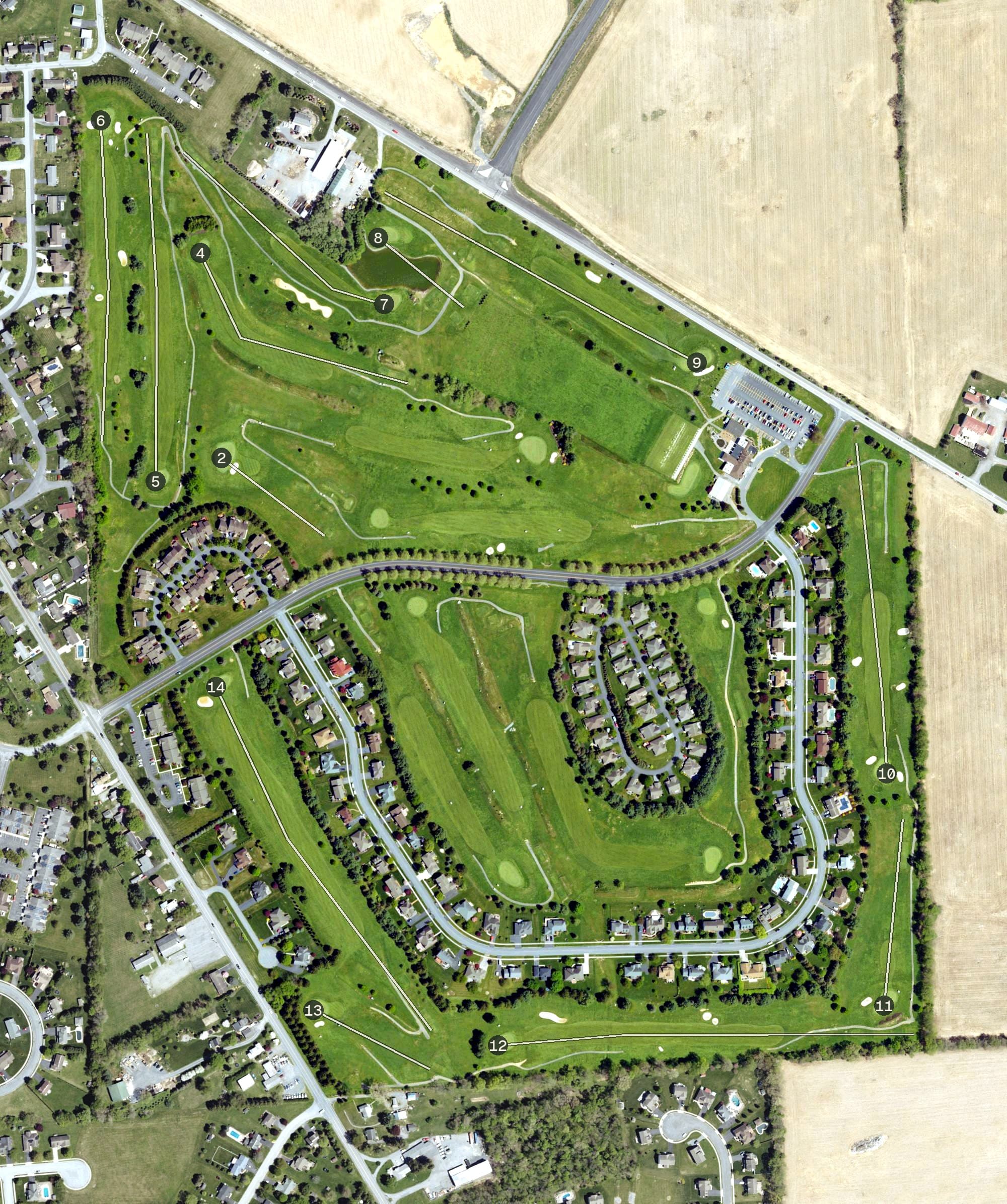 Aerial view of Mayapple Golf Club, PA, with its hole routing marked