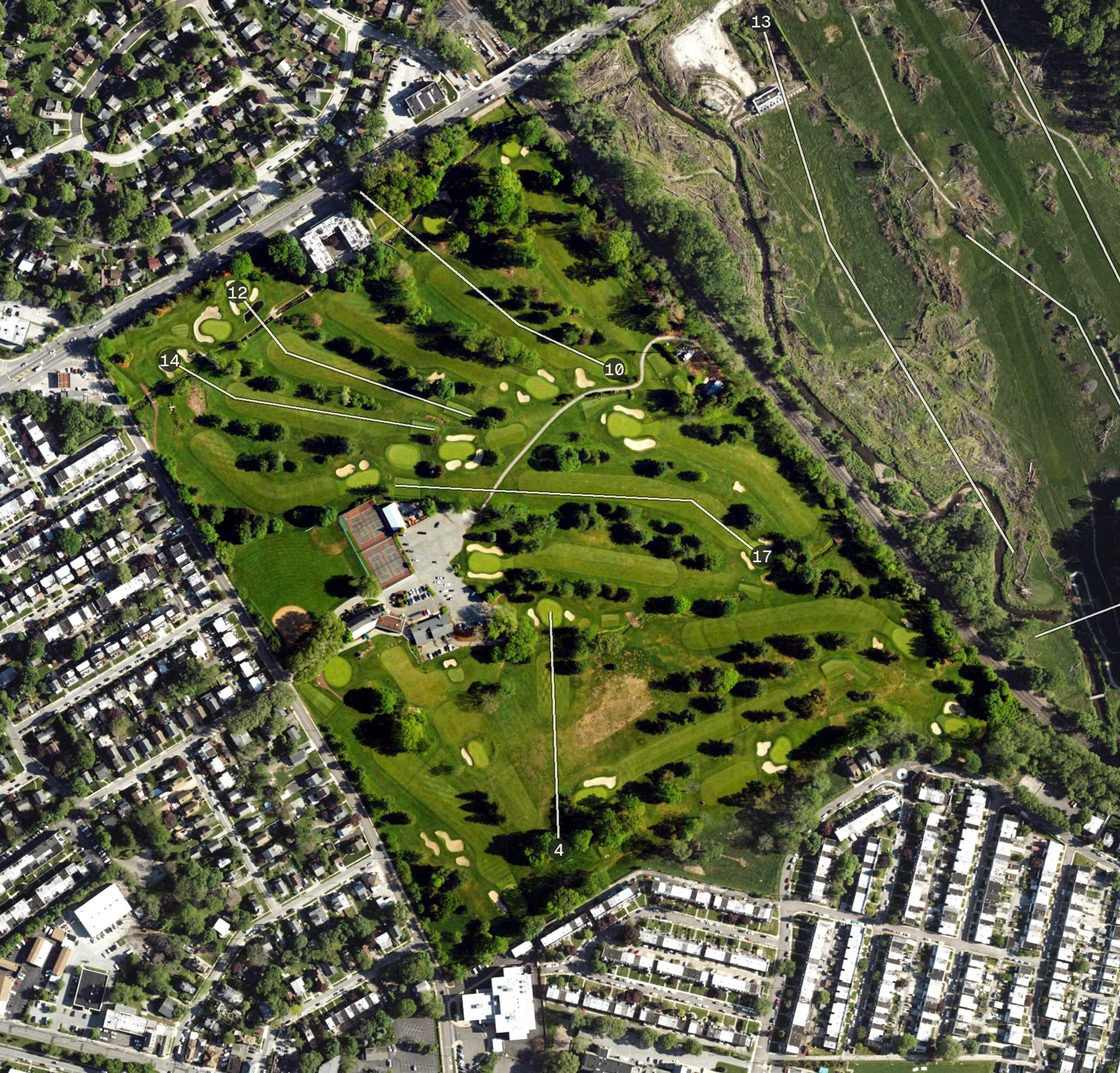 Aerial view of McCall Golf and Country Club, PA, with its hole routing marked