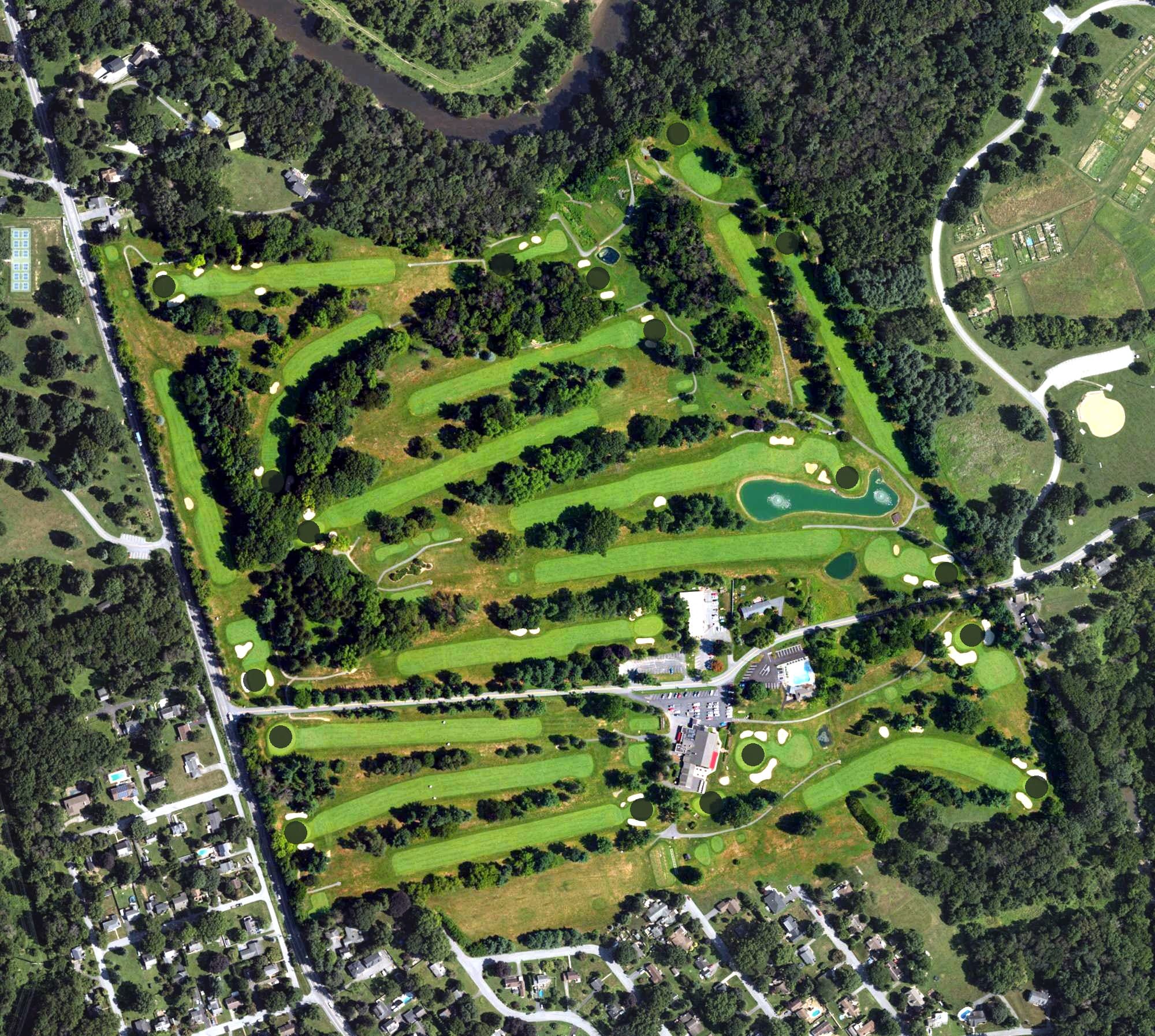 Aerial view of Meadia Heights Golf Course, PA, with its hole routing marked