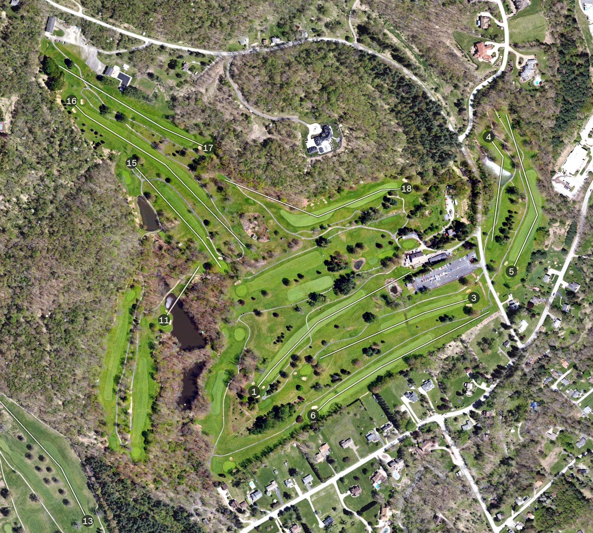 Aerial view of Meadowink Golf Course, PA, with its hole routing marked