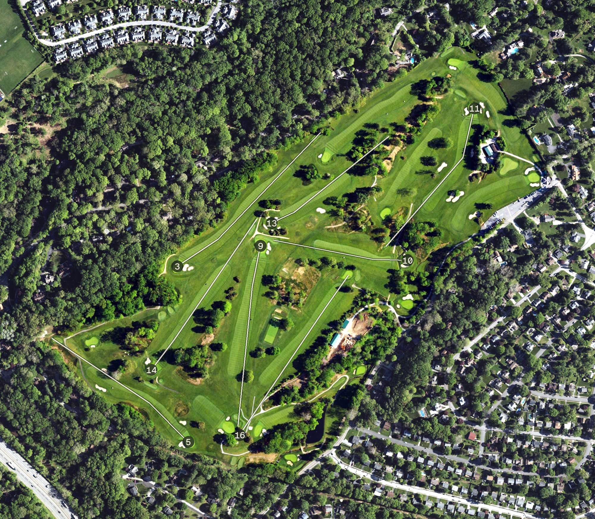 Aerial view of Merion Golf Club West, PA, with its hole routing marked