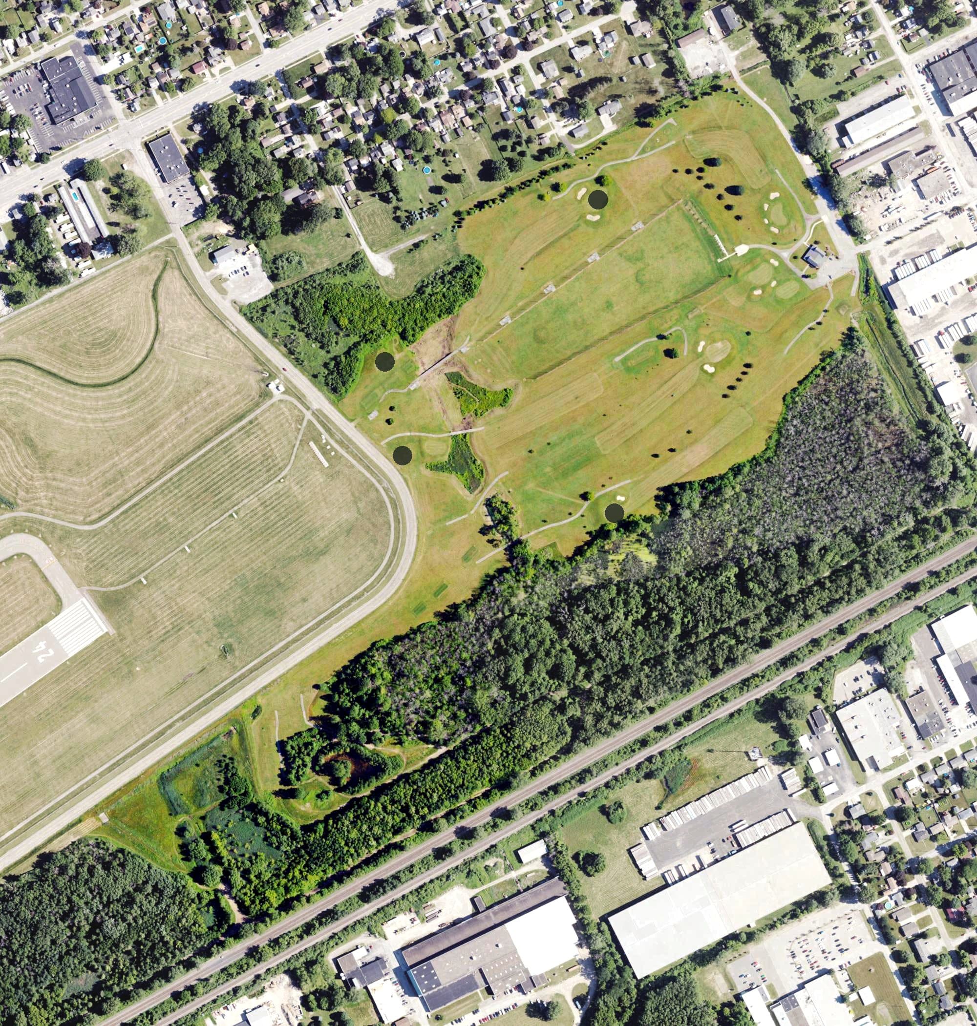 Aerial view of Millcreek Golf & Learning Center, PA, with its hole routing marked