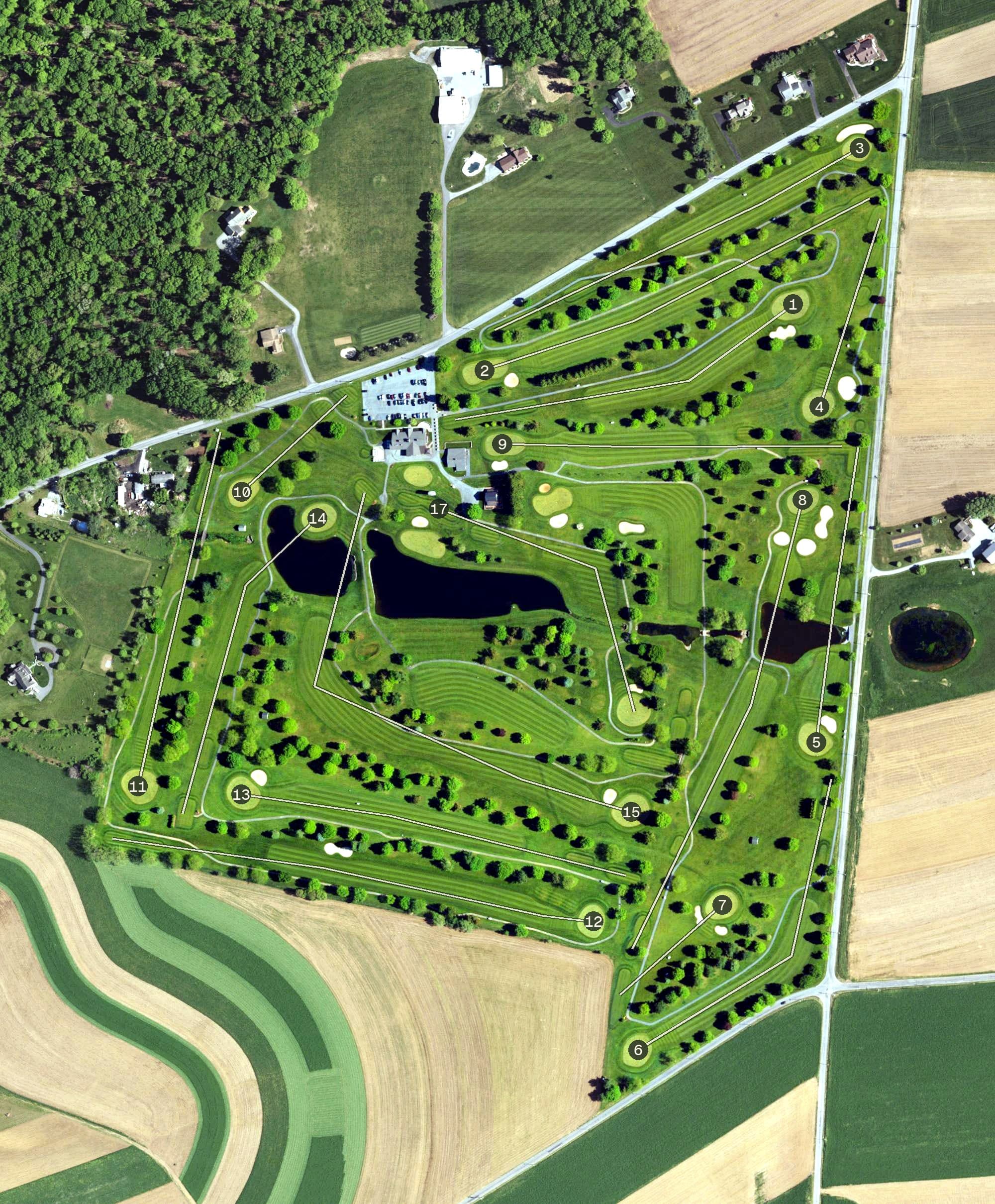 Aerial view of Moccasin Run Golf Course, PA, with its hole routing marked