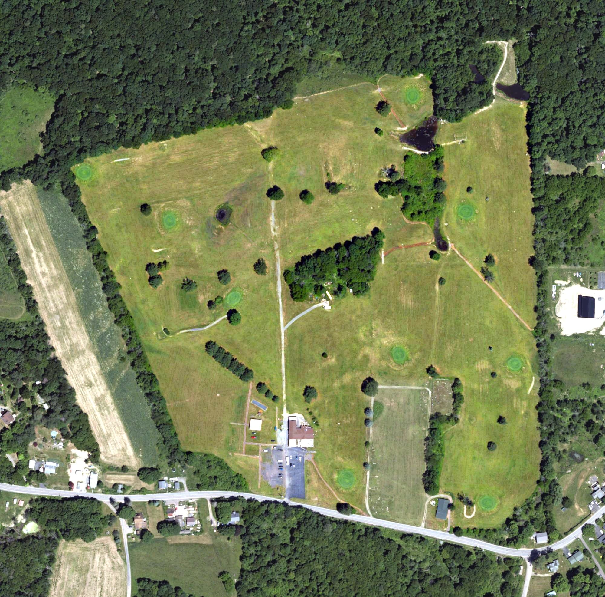 Aerial view of Morgan Hills Golf Course, PA, with its hole routing marked