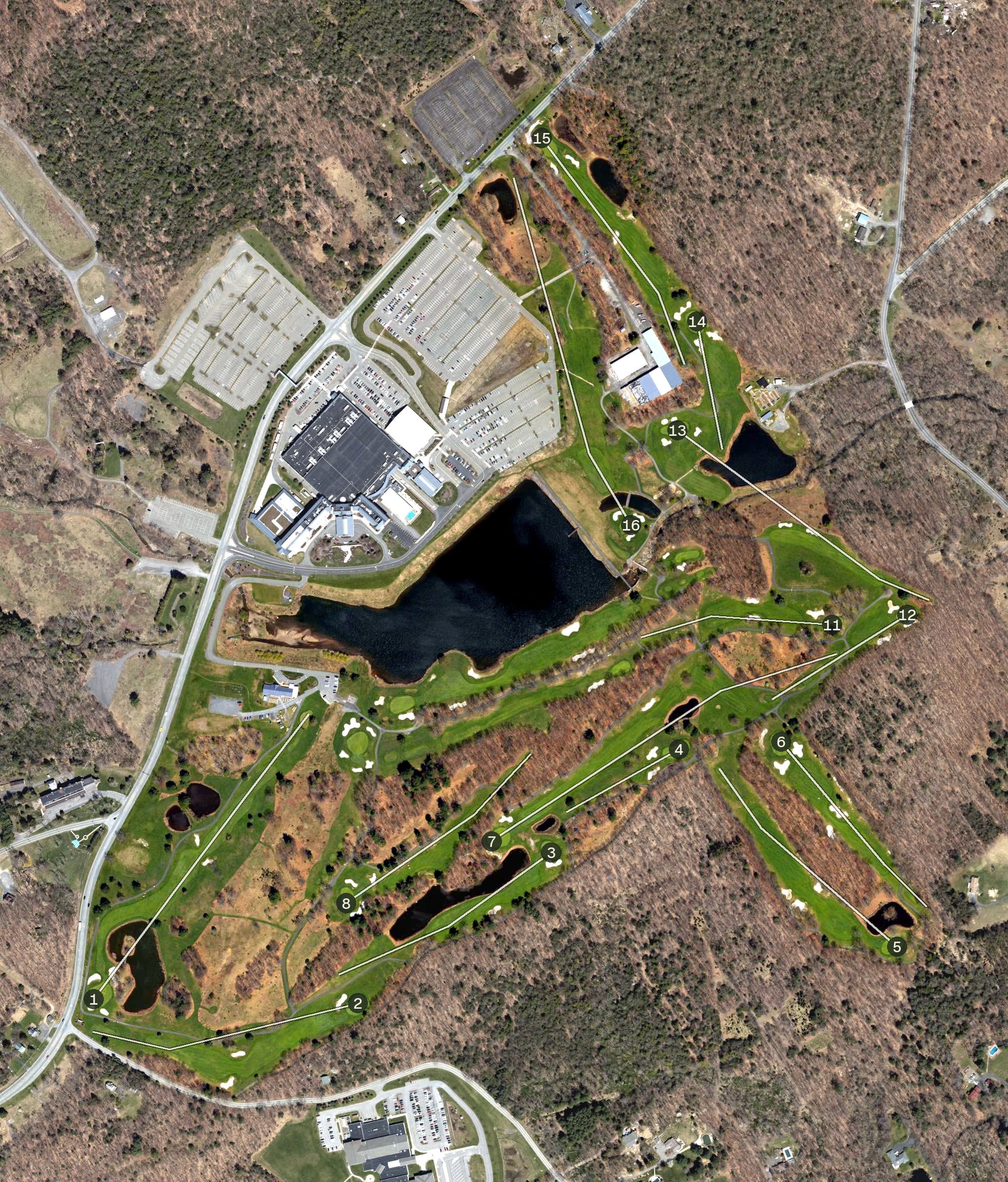 Aerial view of Mount Airy Golf Club, PA, with its hole routing marked