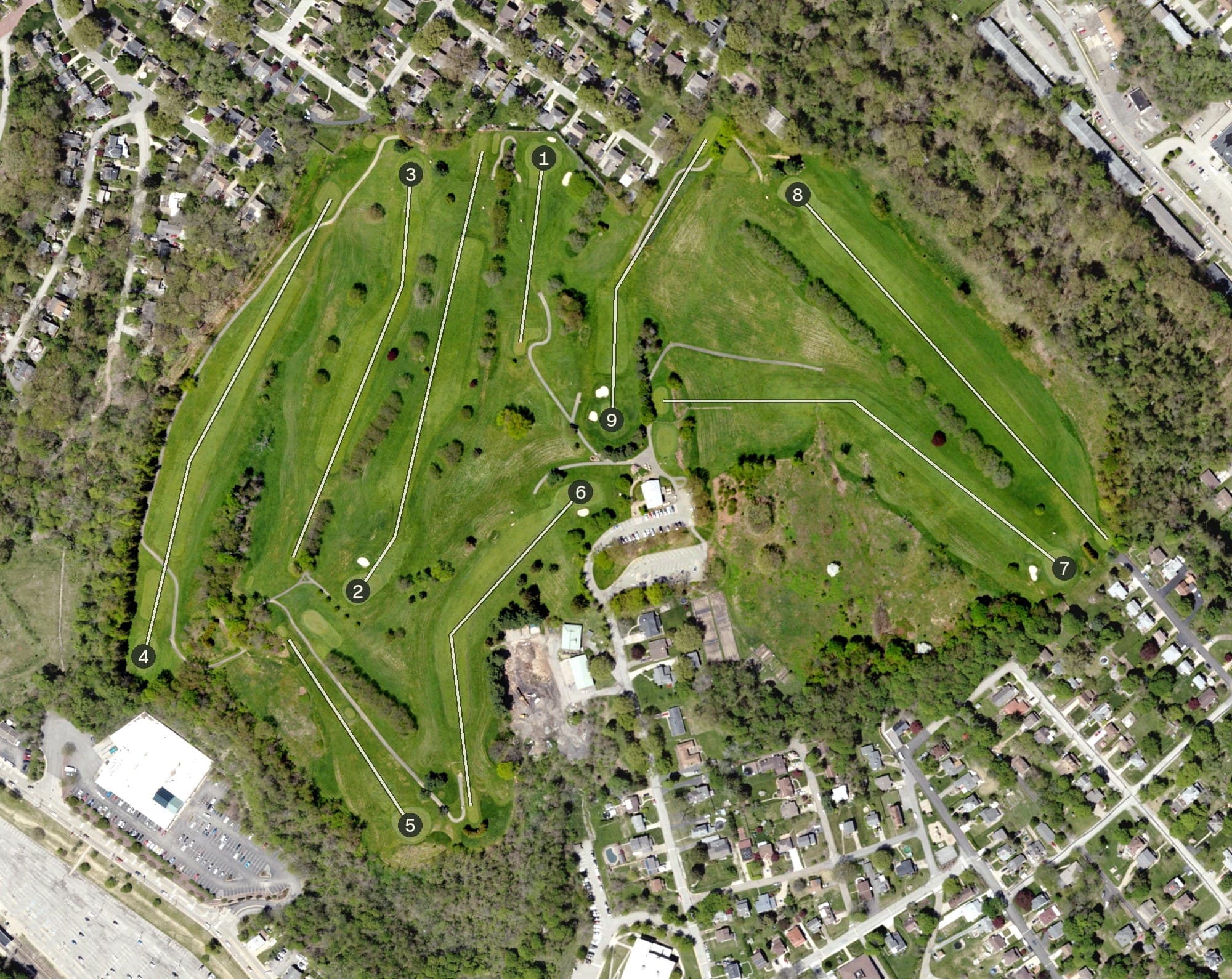 Aerial view of Mount Lebanon Golf Course, PA, with its hole routing marked