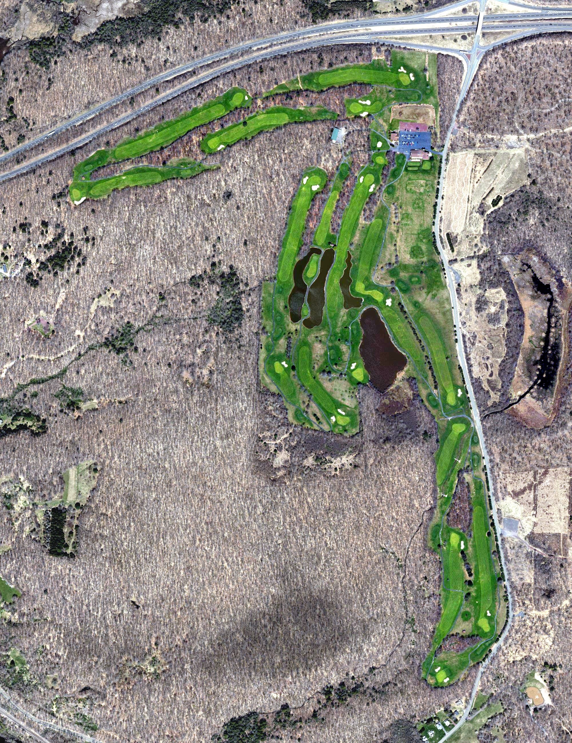 Aerial view of Mountain Laurel Golf Club, PA, with its hole routing marked