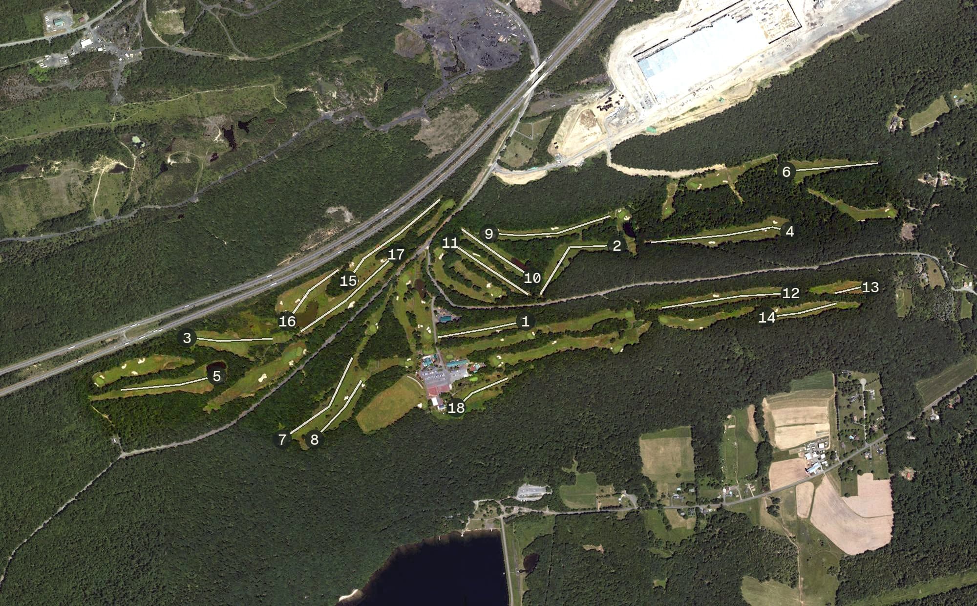 Aerial view of Mountain Valley Golf Course, PA, with its hole routing marked