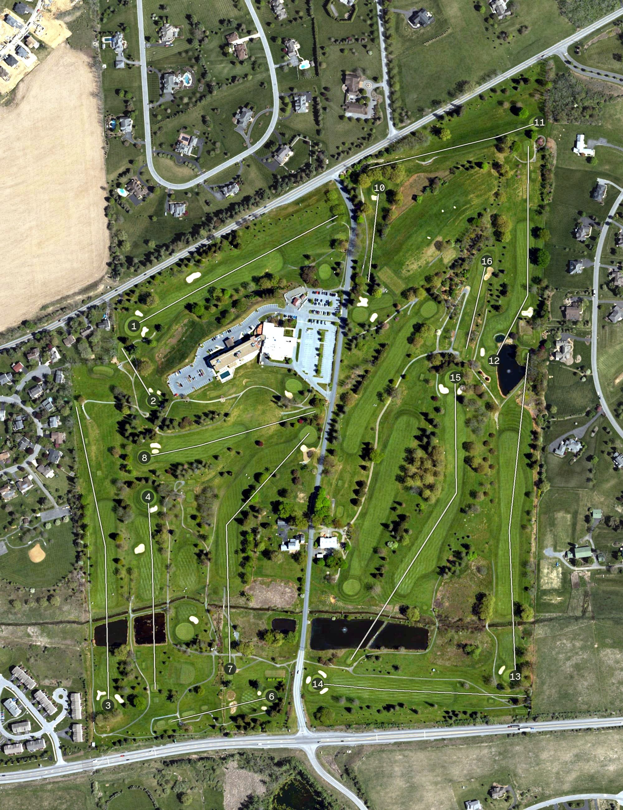 Aerial view of Mountain View Country Club, PA, with its hole routing marked