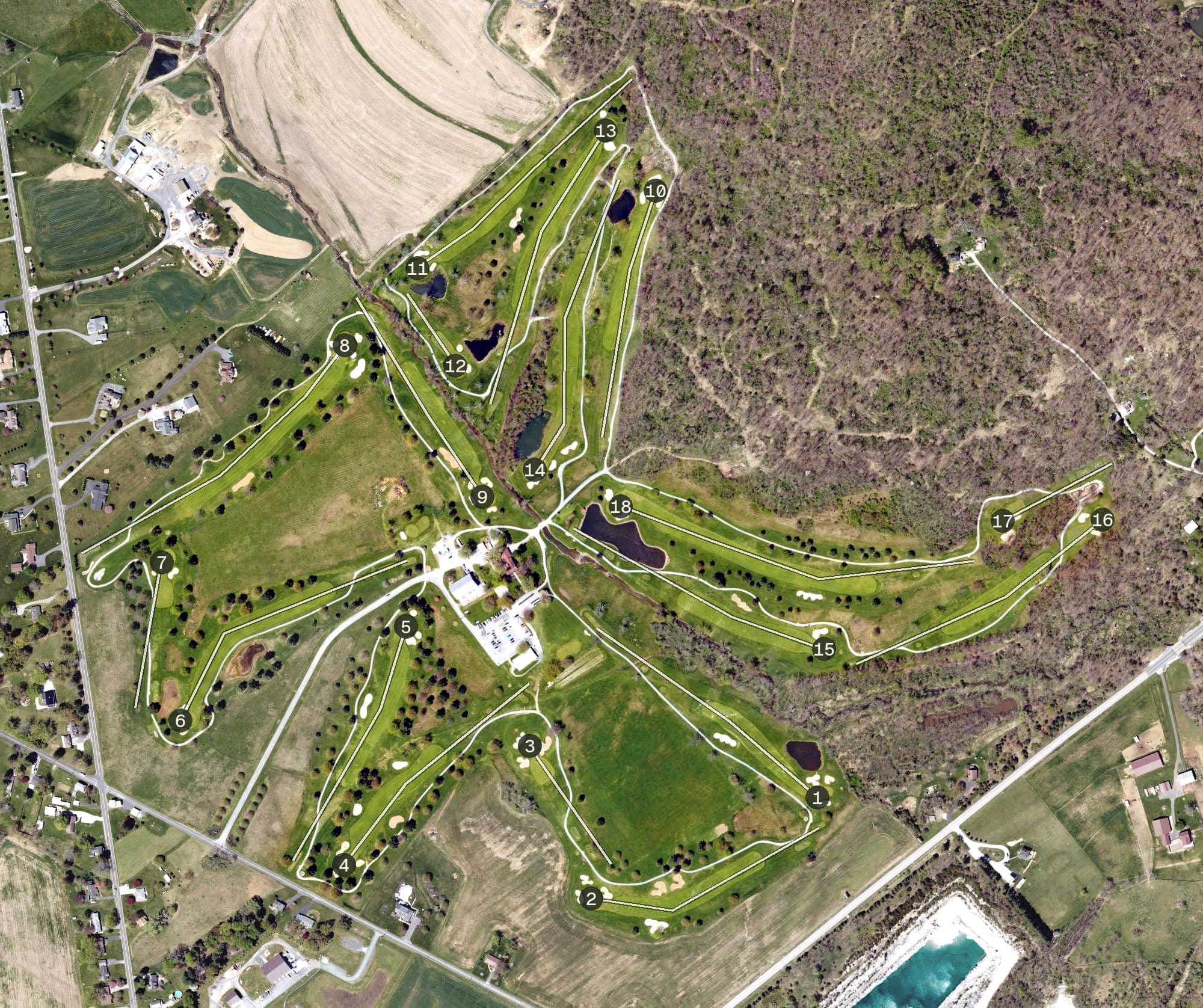 Aerial view of Mountain View Golf Club, PA, with its hole routing marked