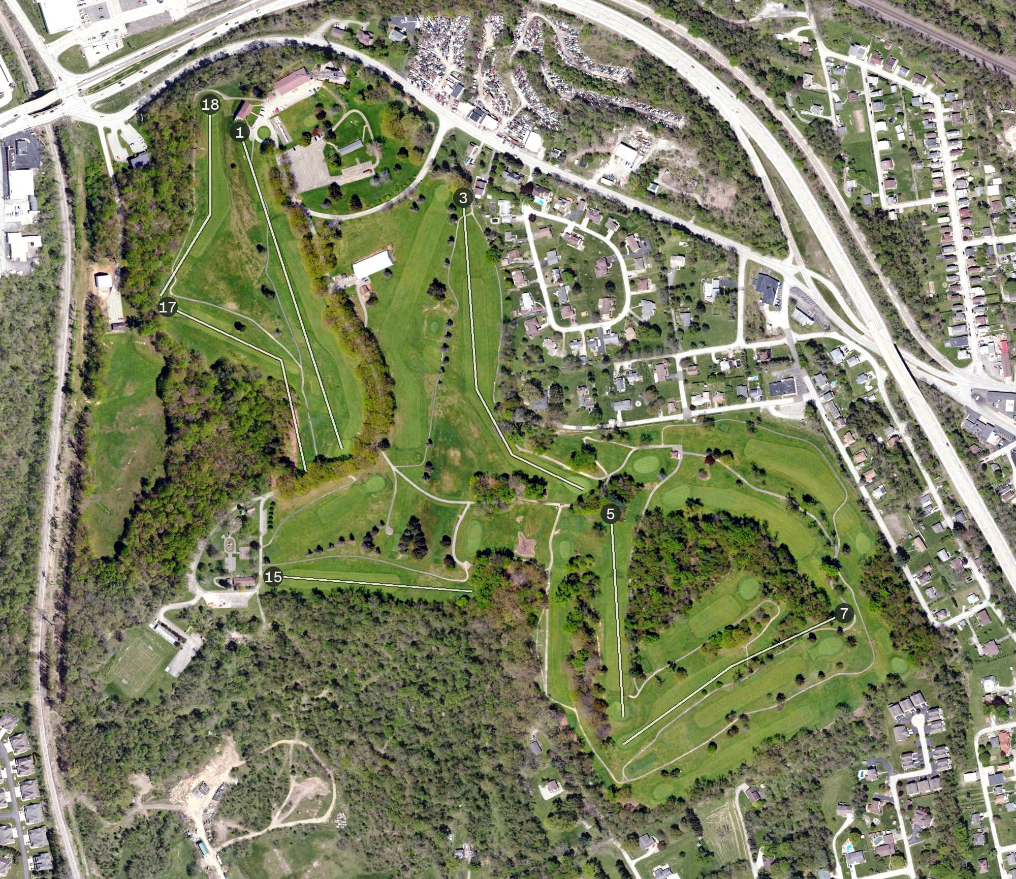 Aerial view of Mt. Odin Golf Course, PA, with its hole routing marked