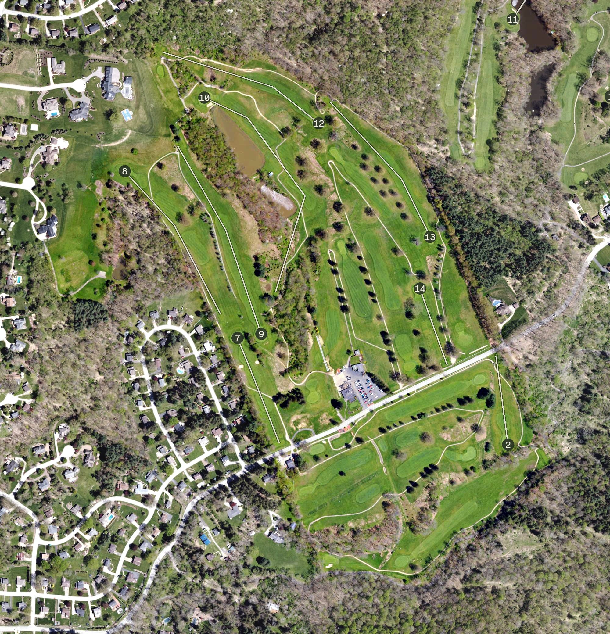 Aerial view of Murrysville Golf Club, PA, with its hole routing marked