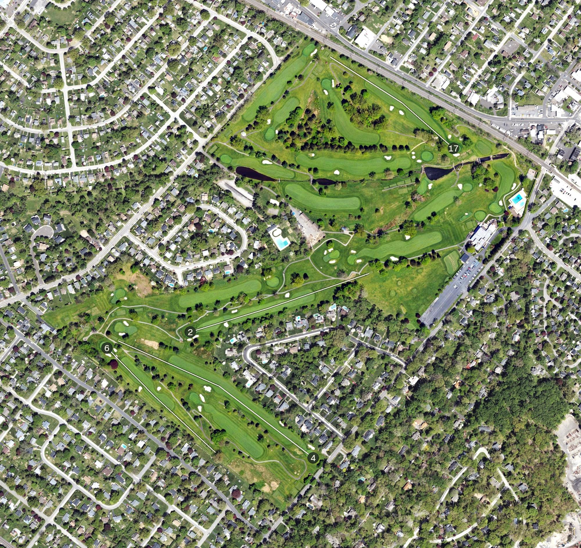 Aerial view of North Hills Country Club, PA, with its hole routing marked