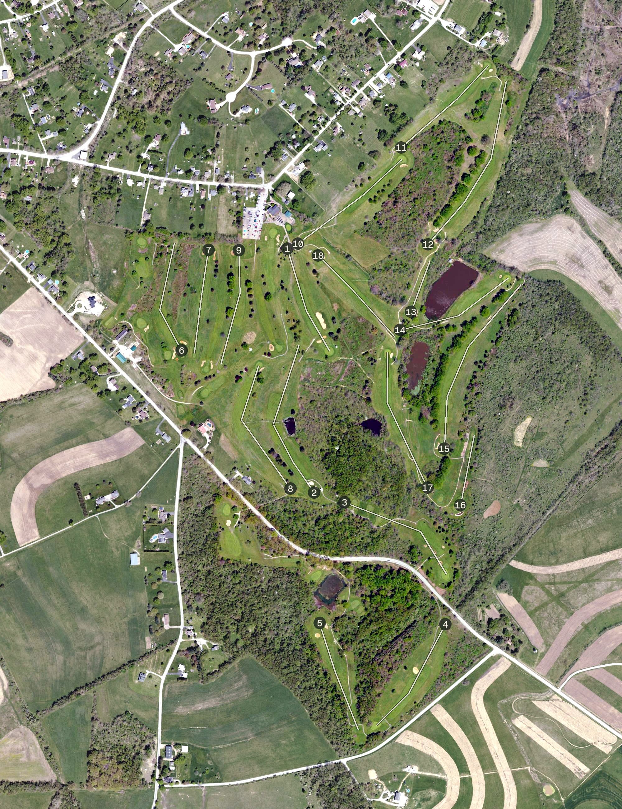 Aerial view of Norvelt Golf Club, PA, with its hole routing marked
