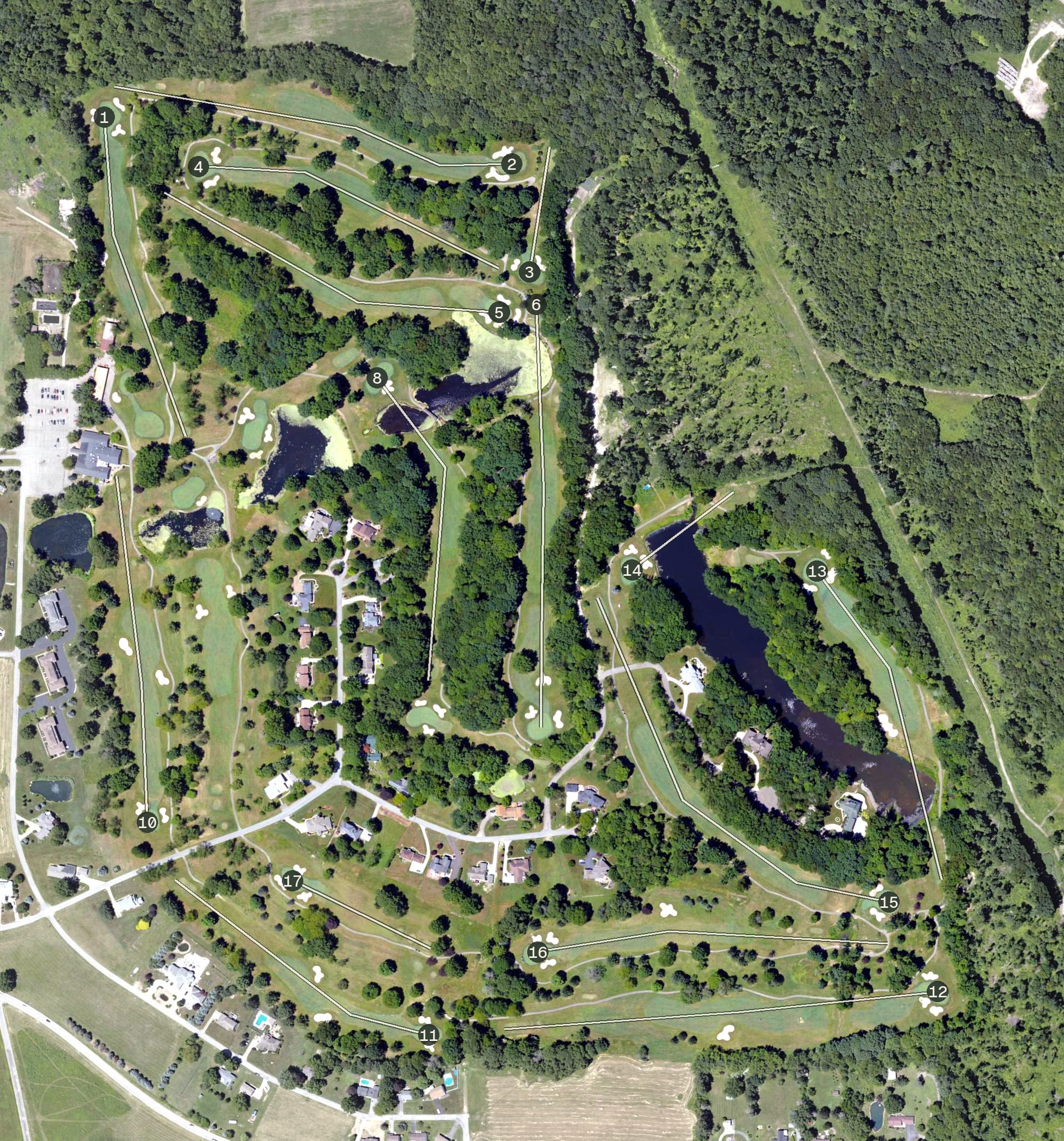 Aerial view of Oak Tree Country Club, PA, with its hole routing marked
