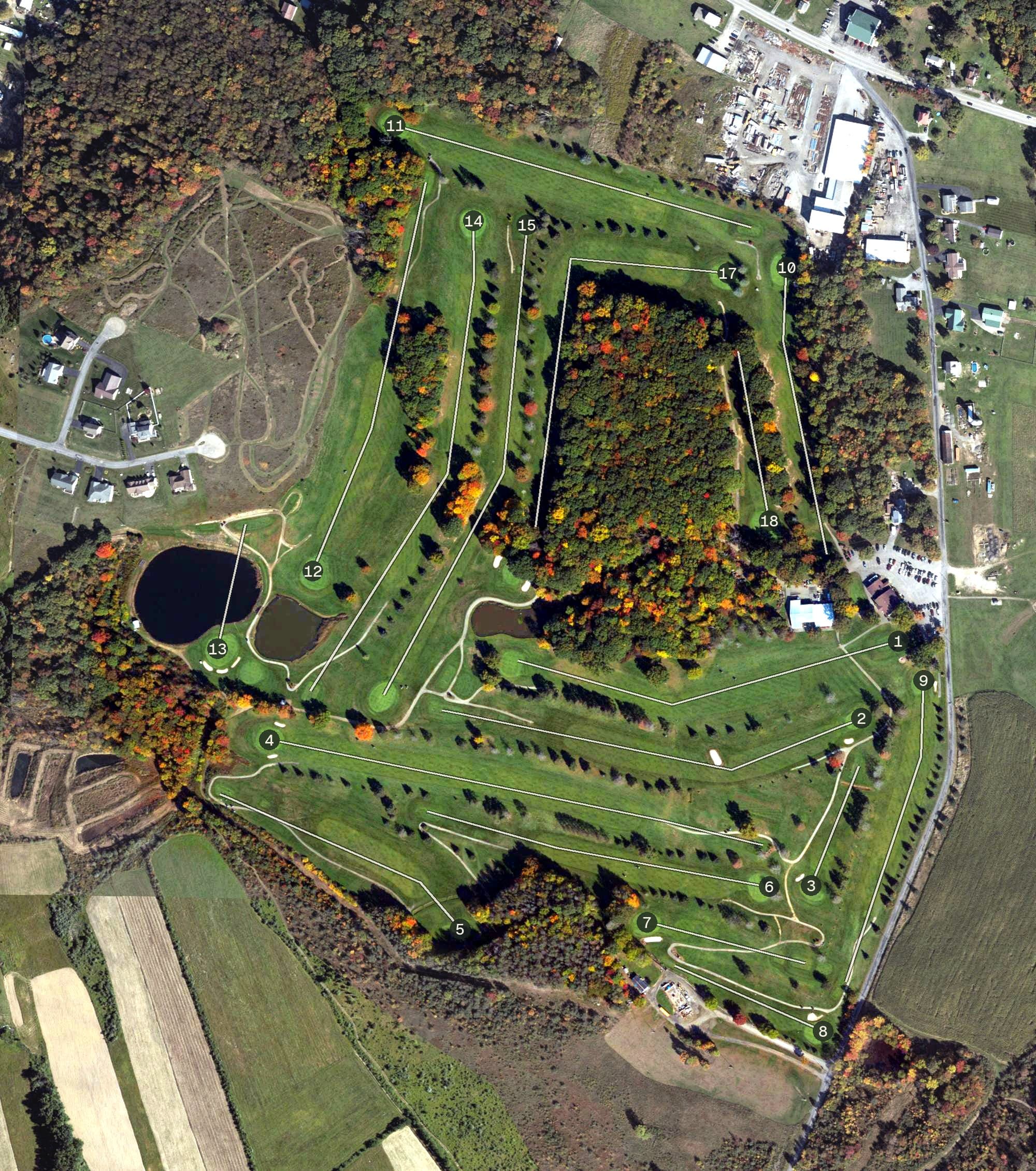 Aerial view of Oakbrook Golf Club, PA, with its hole routing marked