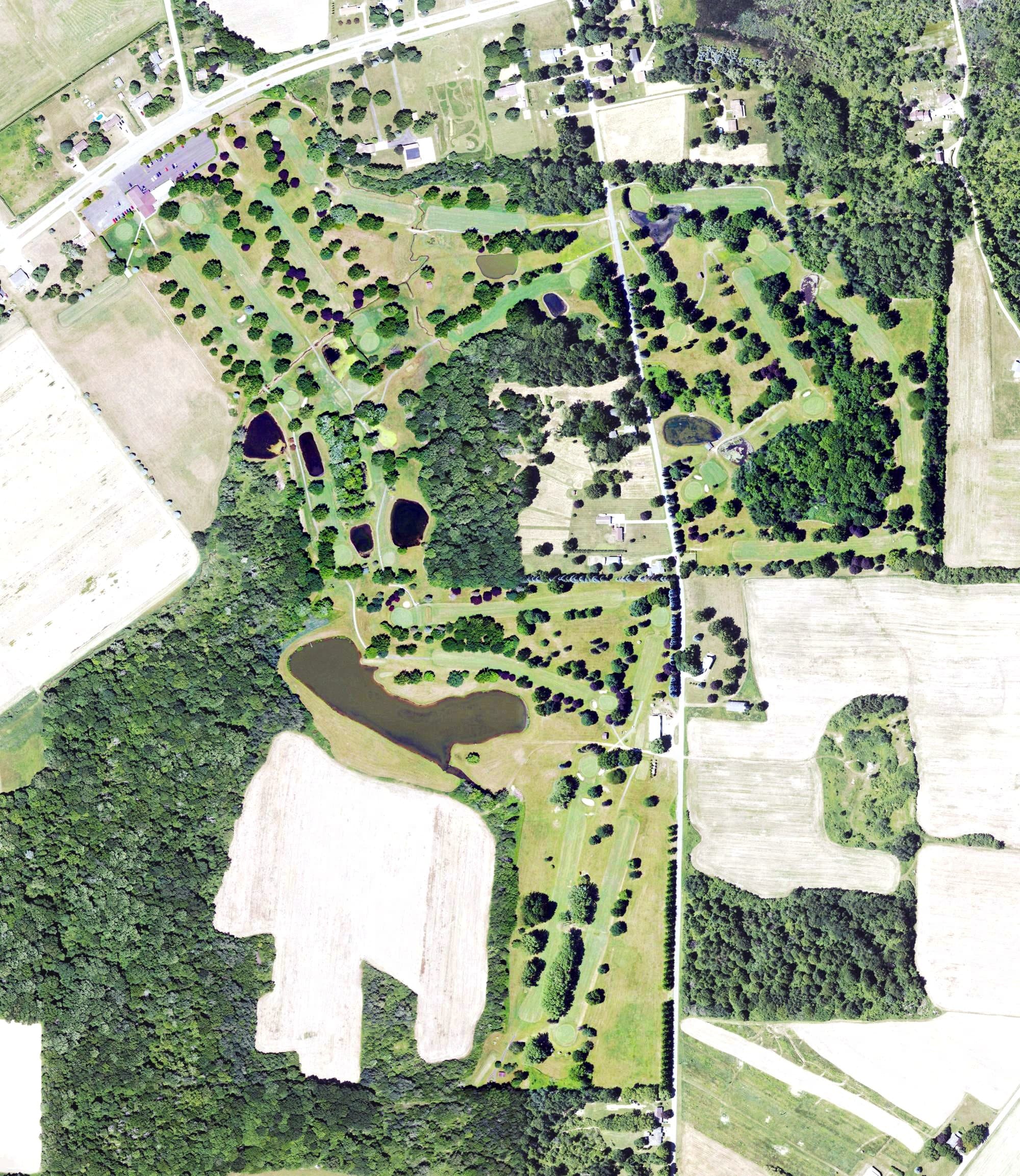 Aerial view of Over Lake Golf Course, PA, with its hole routing marked
