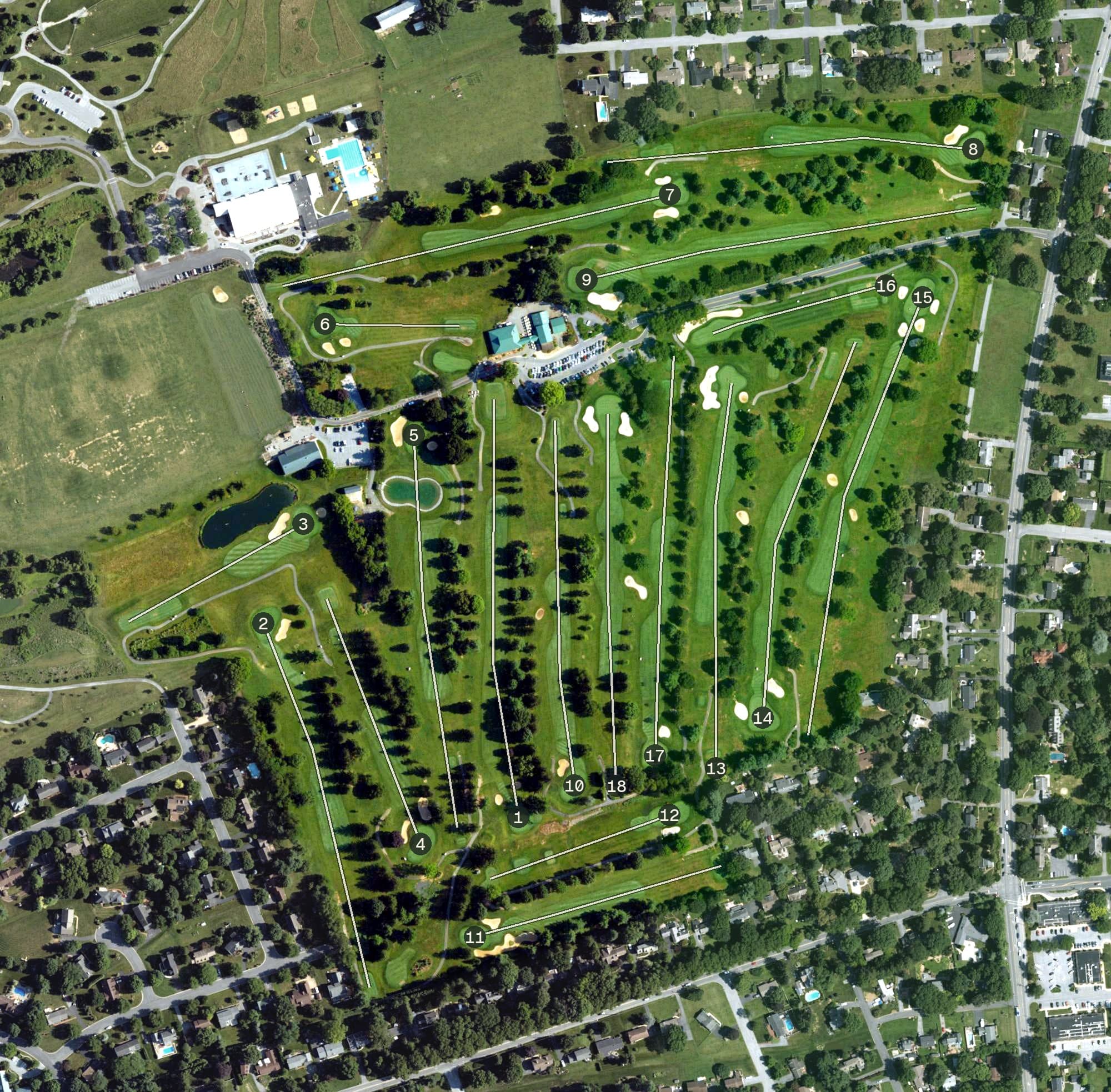 Aerial view of Overlook Golf Course, PA, with its hole routing marked