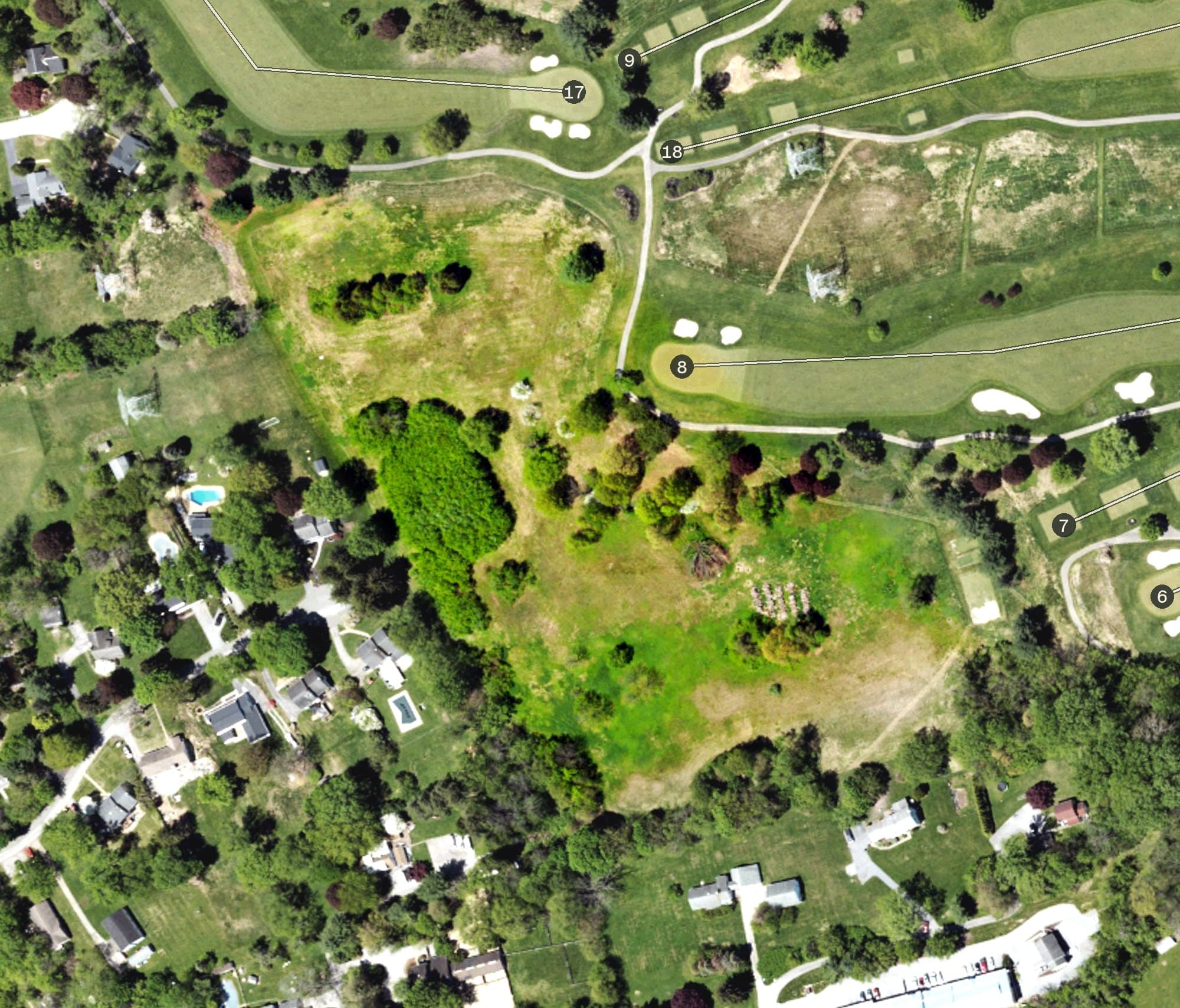 Aerial view of Par 3 Course, PA, with its hole routing marked