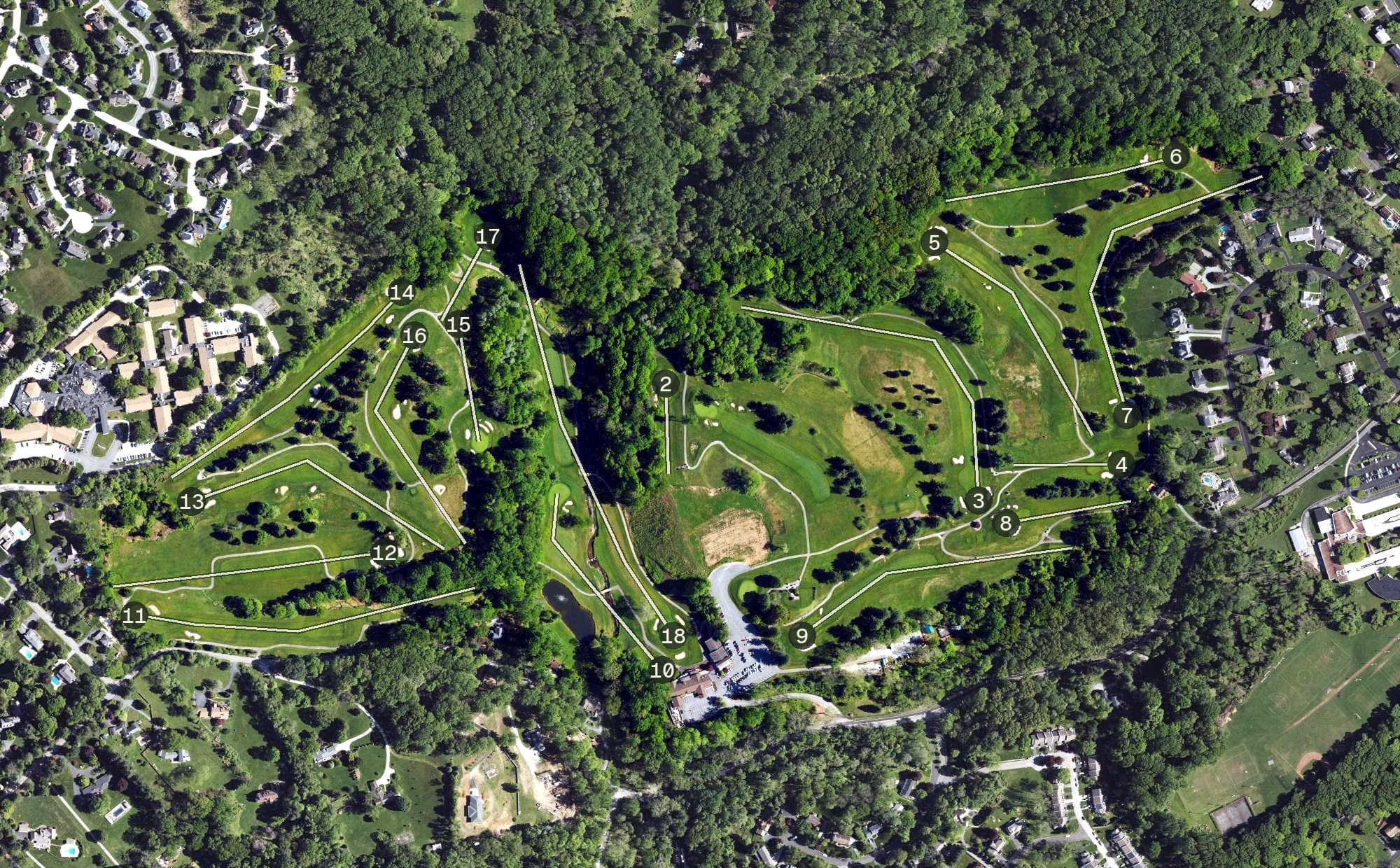 Aerial view of Paxon Hollow Golf Club, PA, with its hole routing marked