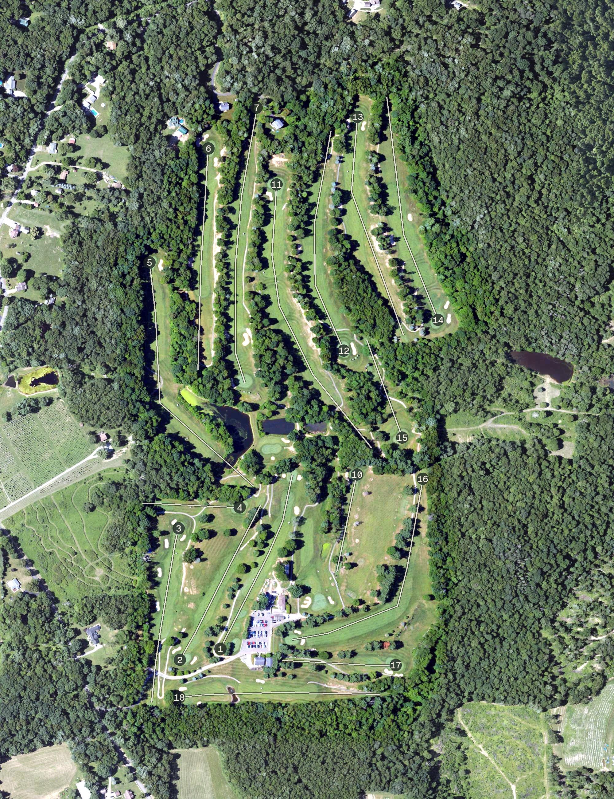 Aerial view of Pheasant Ridge, PA, with its hole routing marked