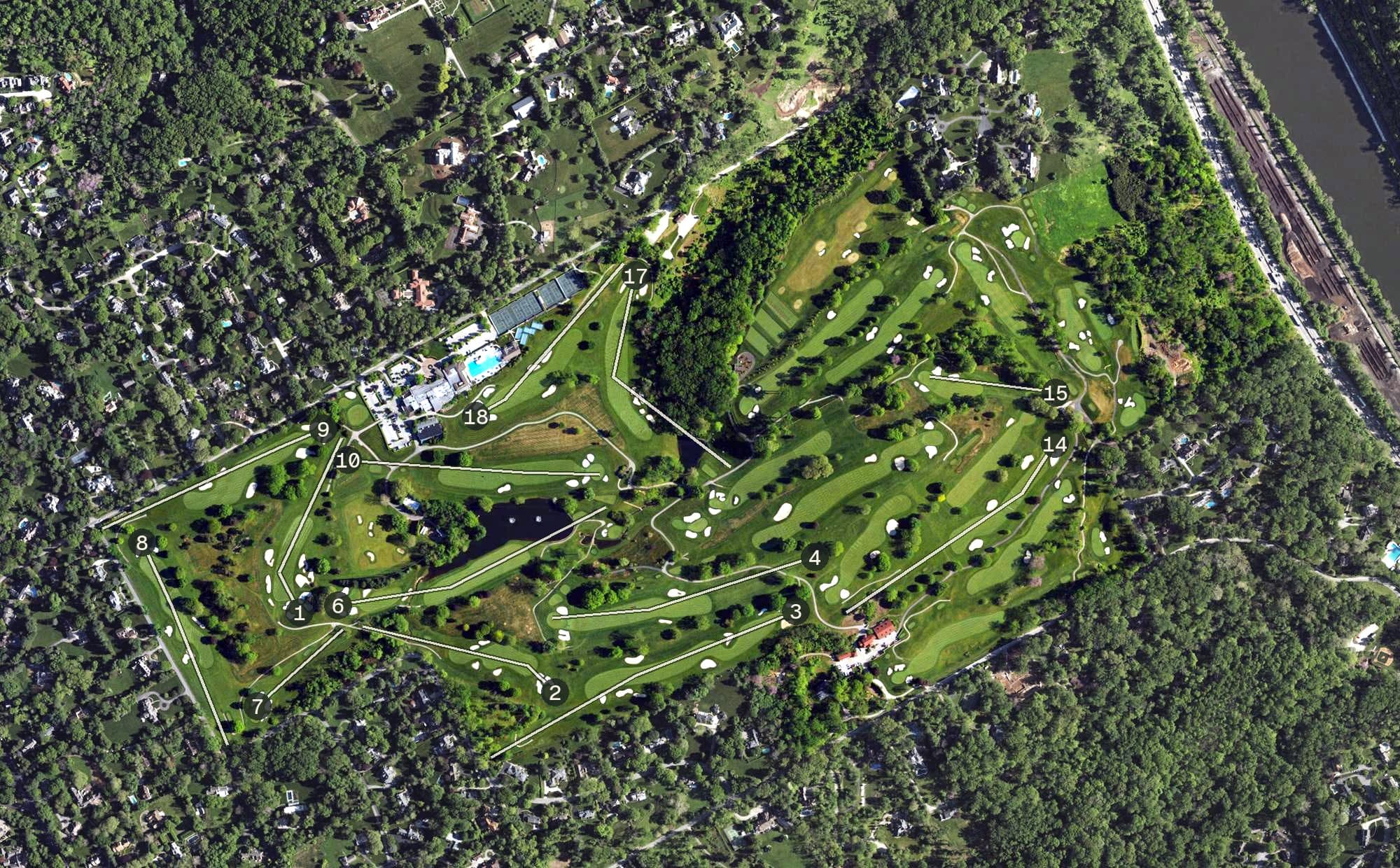 Aerial view of Philadelphia Country Club, PA, with its hole routing marked