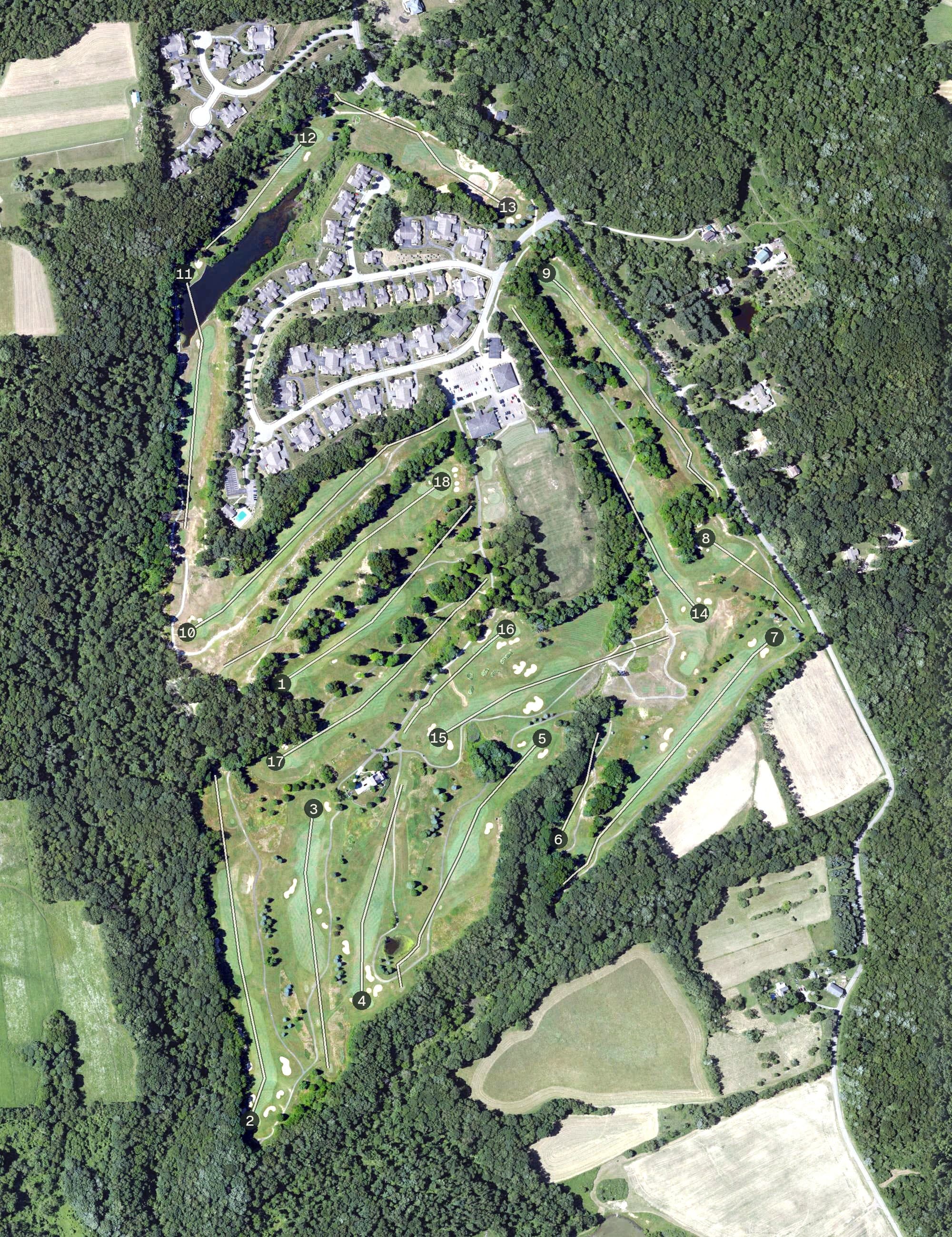 Aerial view of Pittsburgh National Golf Course, PA, with its hole routing marked