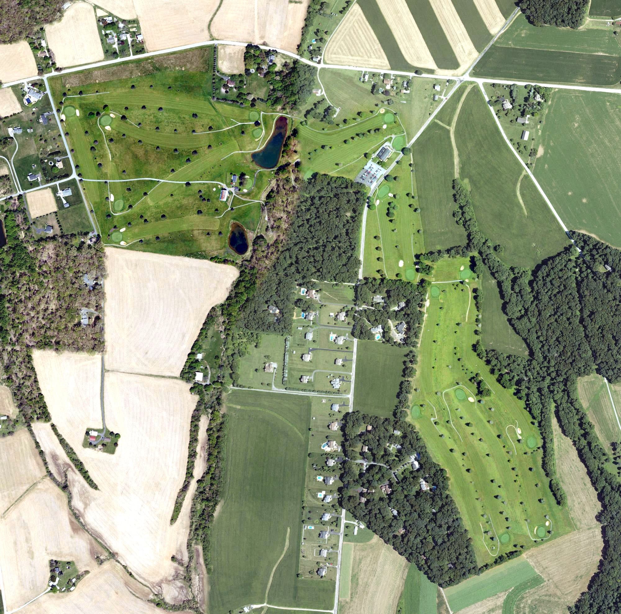 Aerial view of Pleasant Valley Golf Course, PA, with its hole routing marked
