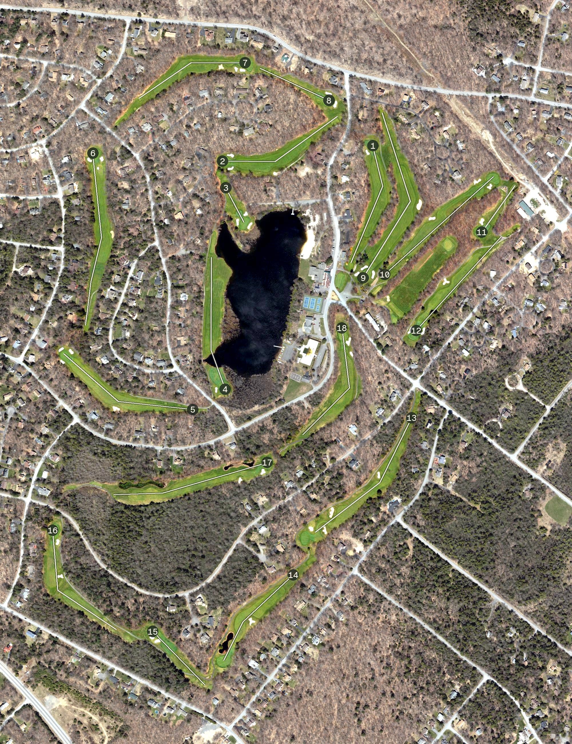 Aerial view of Pocono Farms Country Club, PA, with its hole routing marked