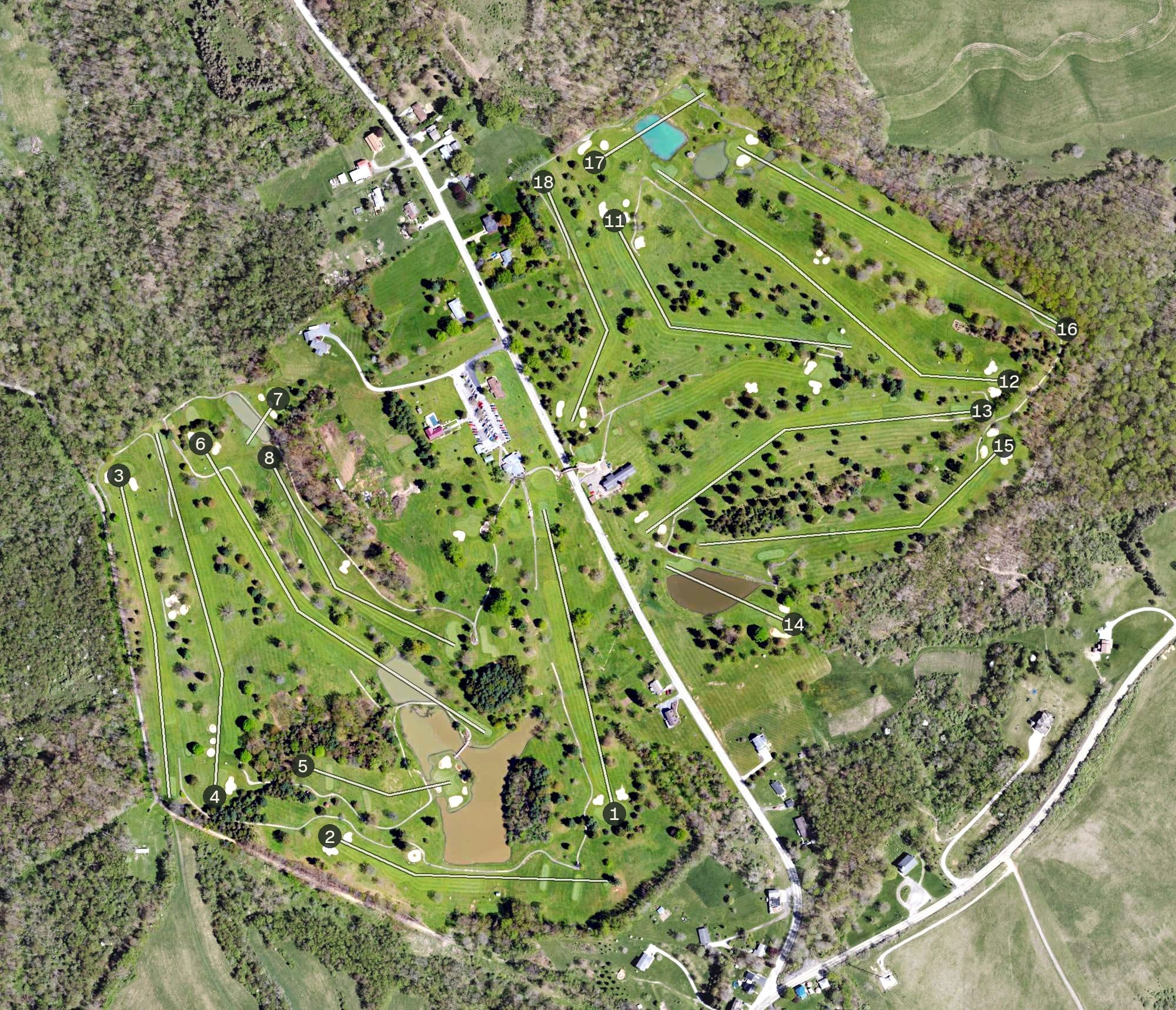 Aerial view of Ponderosa Golf Course, PA, with its hole routing marked