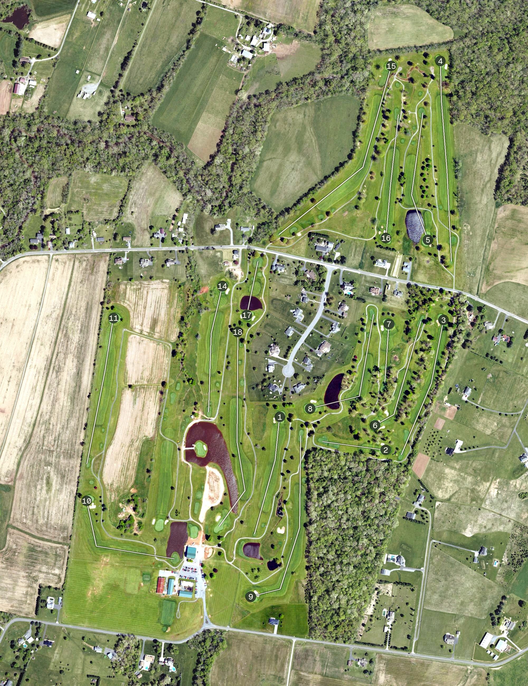 Aerial view of Quail Valley Golf Course, PA, with its hole routing marked