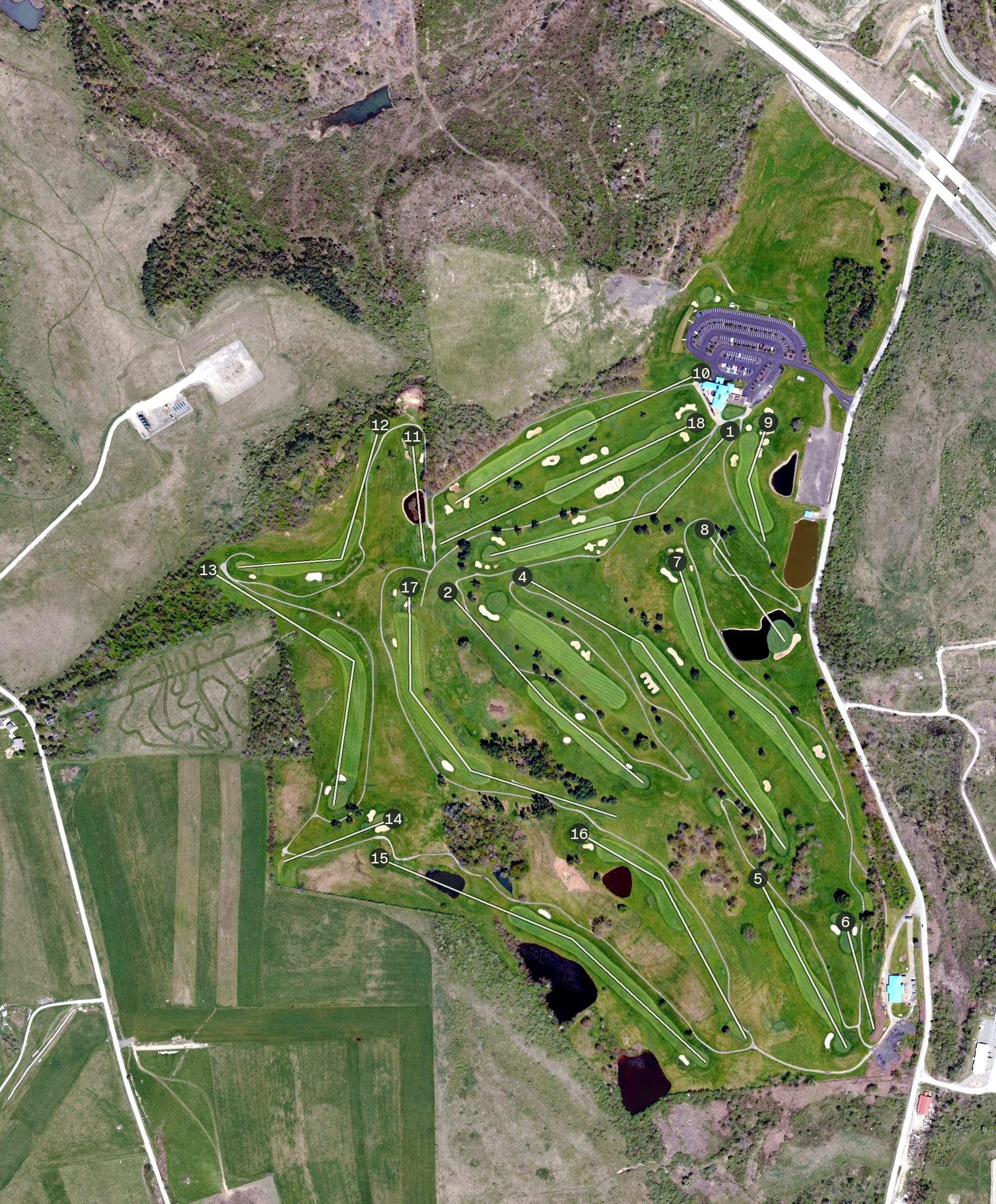Aerial view of Quicksilver Golf Club, PA, with its hole routing marked