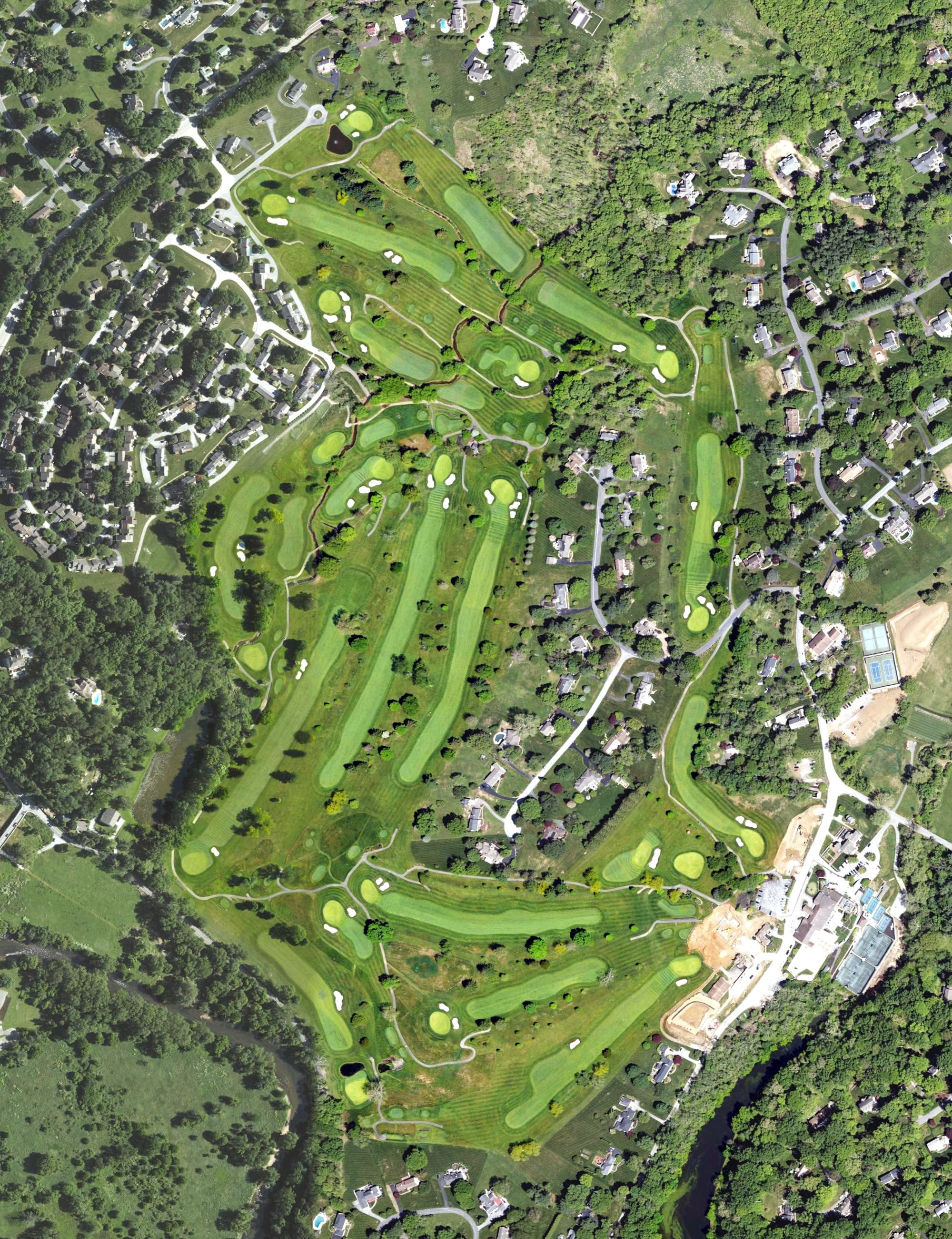 Aerial view of Radley Run Country Club, PA, with its hole routing marked
