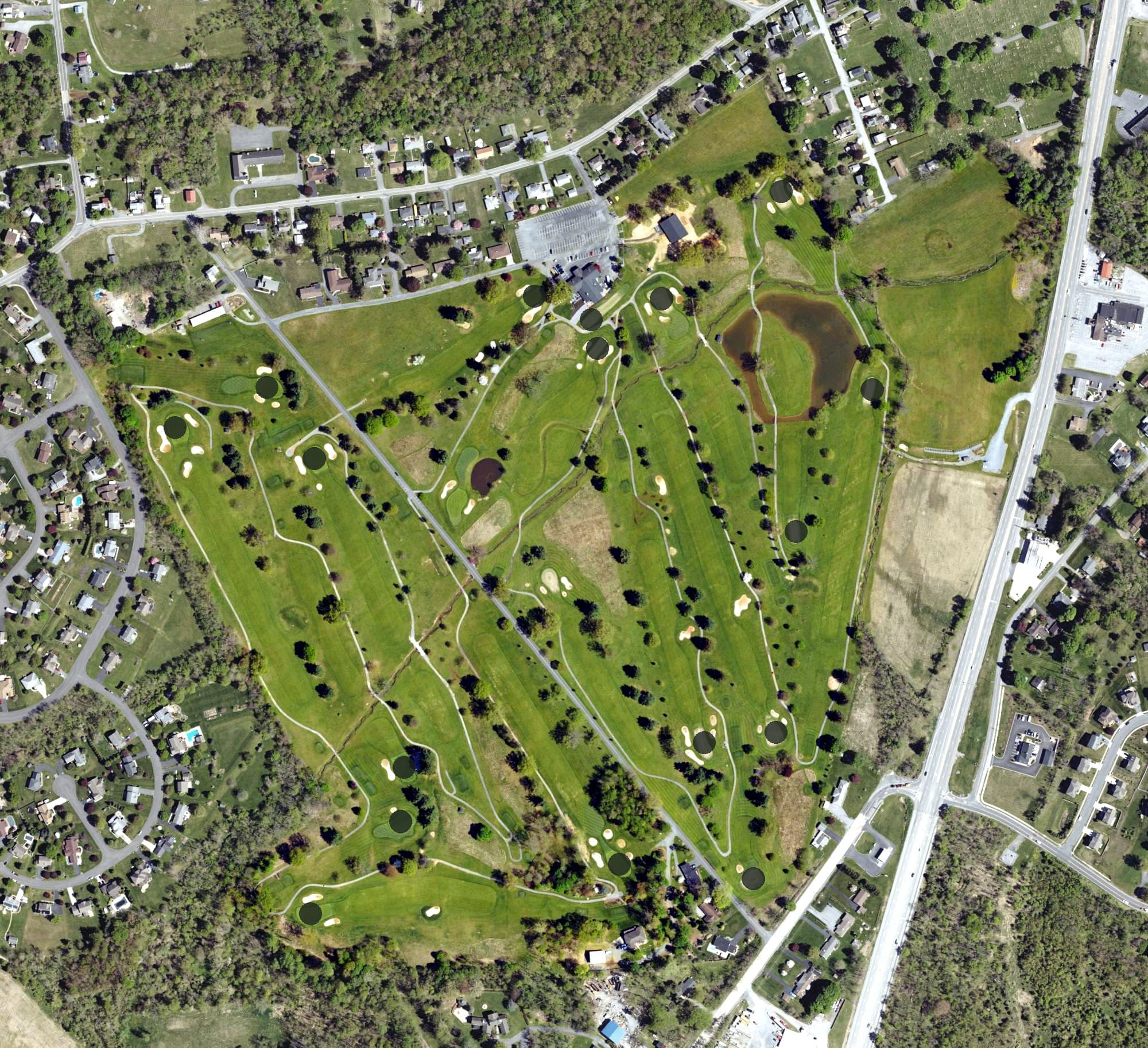 Aerial view of Range End Golf Course, PA, with its hole routing marked