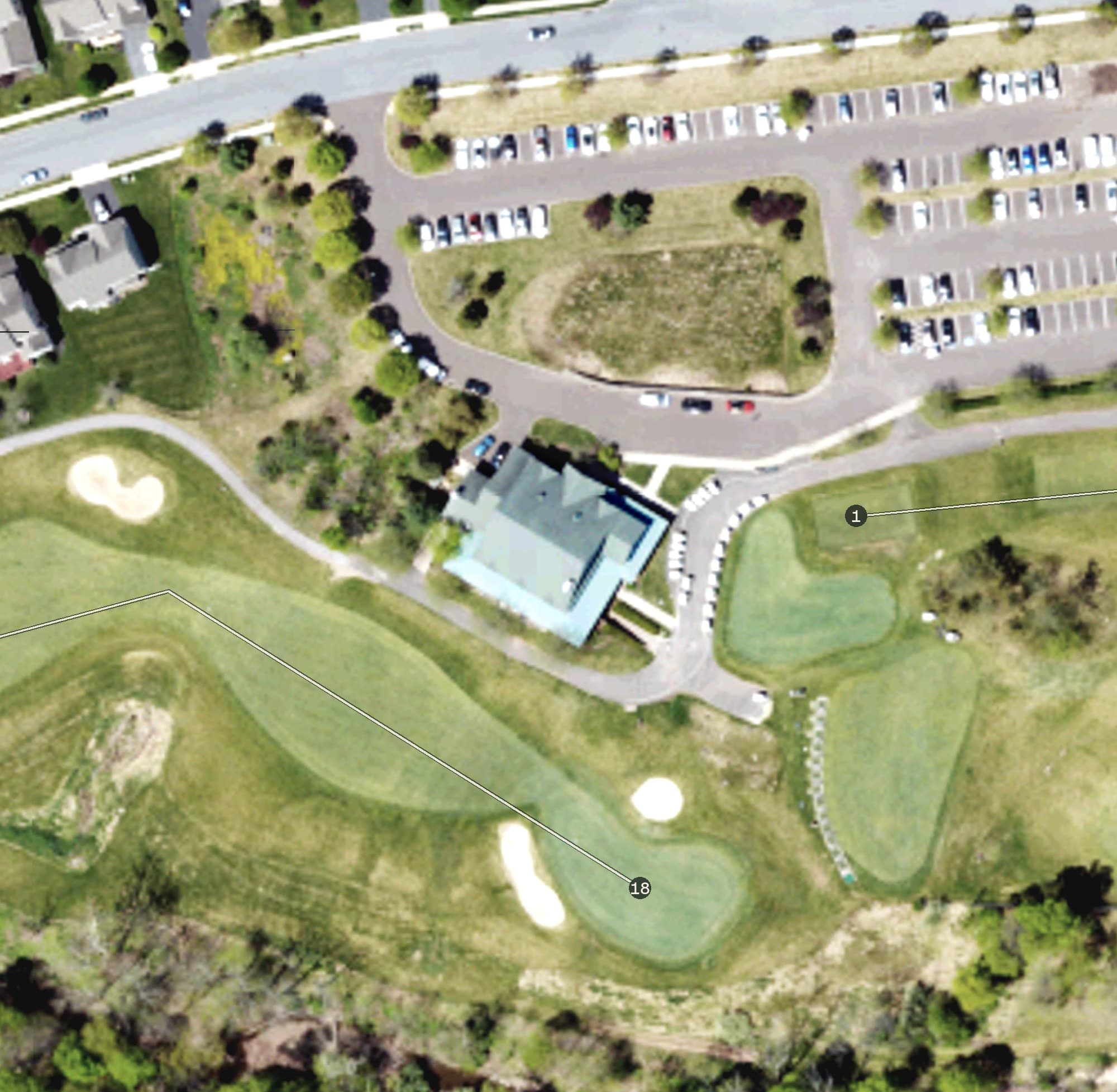 Aerial view of Raven's Claw Golf Club, PA, with its hole routing marked