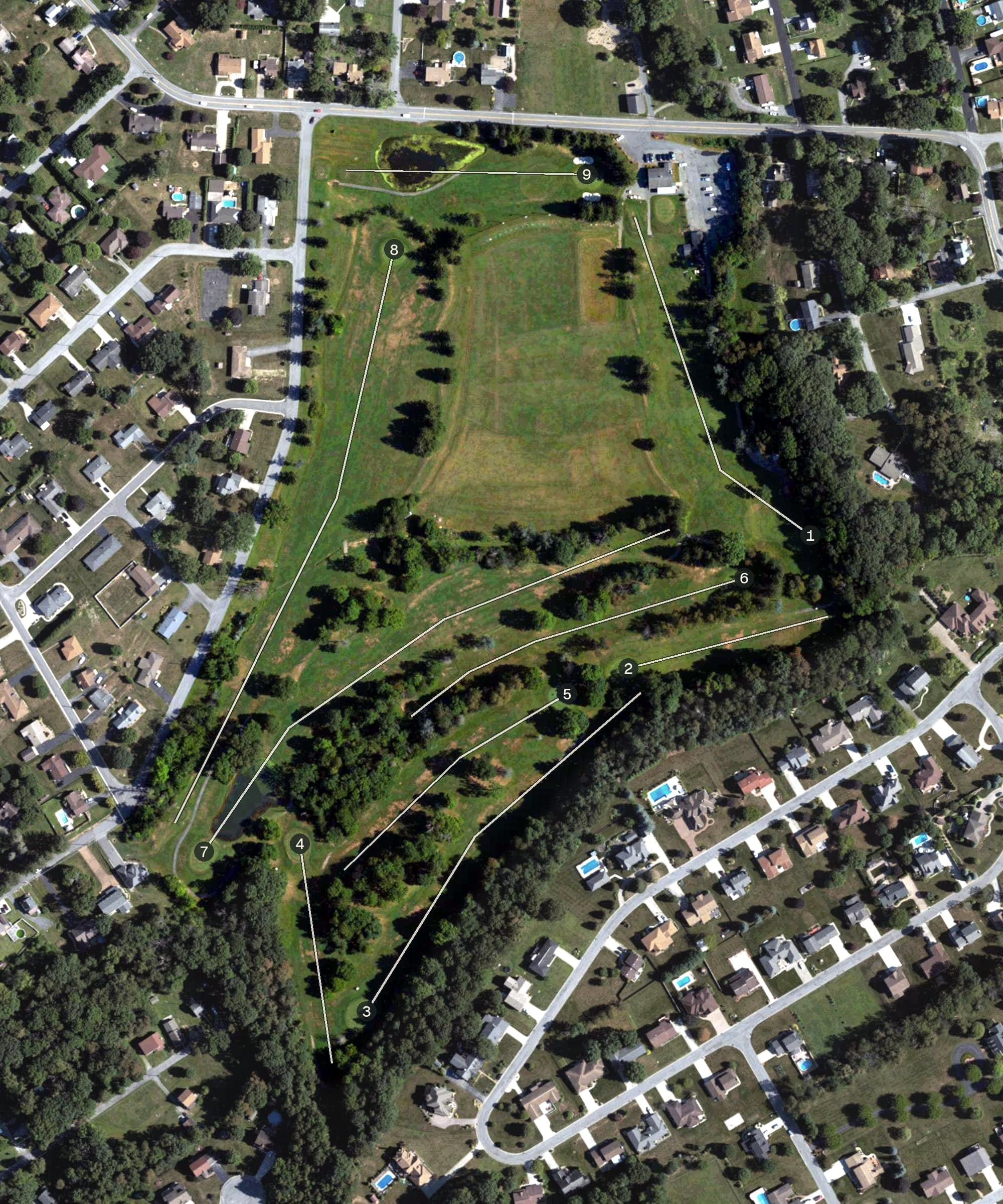 Aerial view of Richland Greens, PA, with its hole routing marked