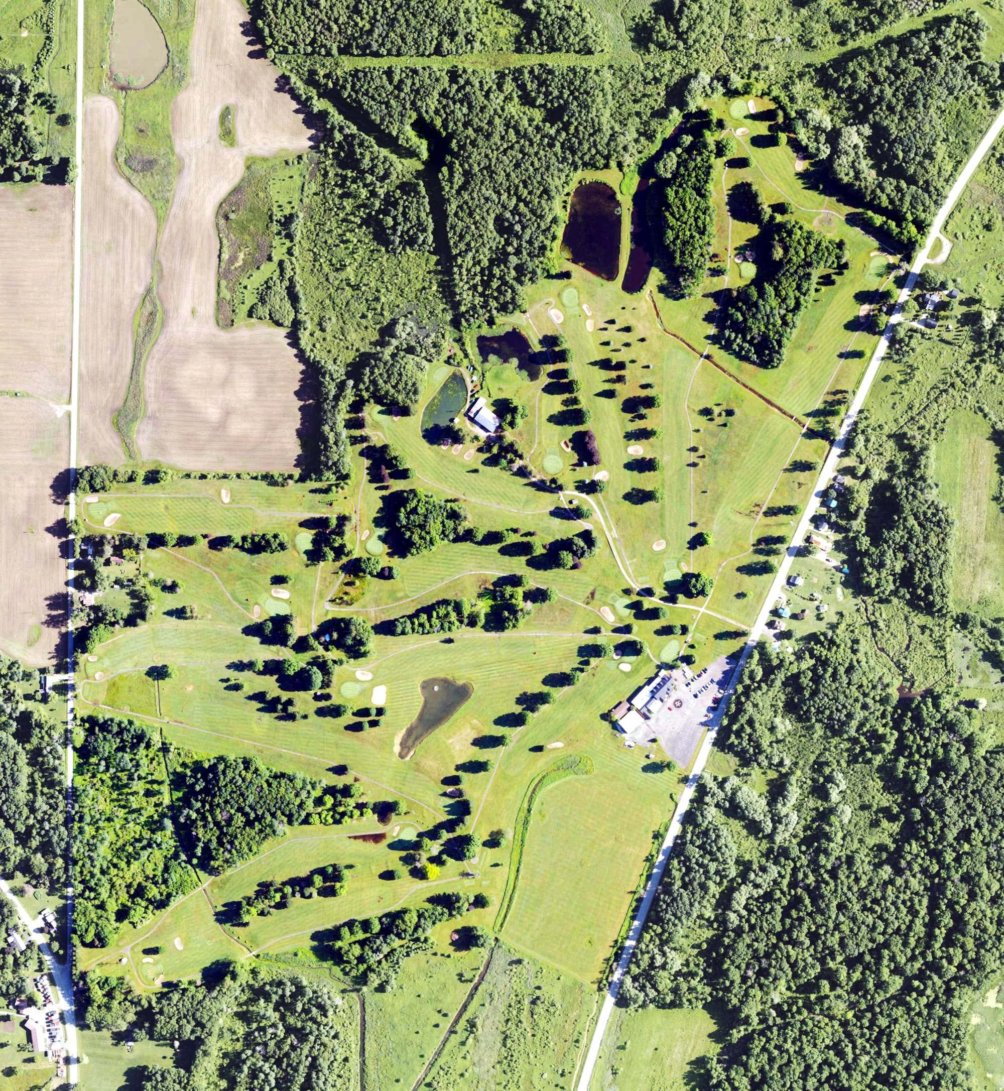 Aerial view of Riverside Golf Course, PA, with its hole routing marked