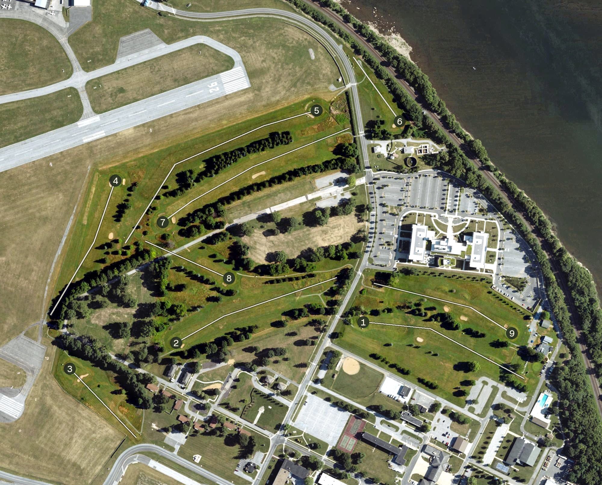 Aerial view of Riverview Golf Course, PA, with its hole routing marked