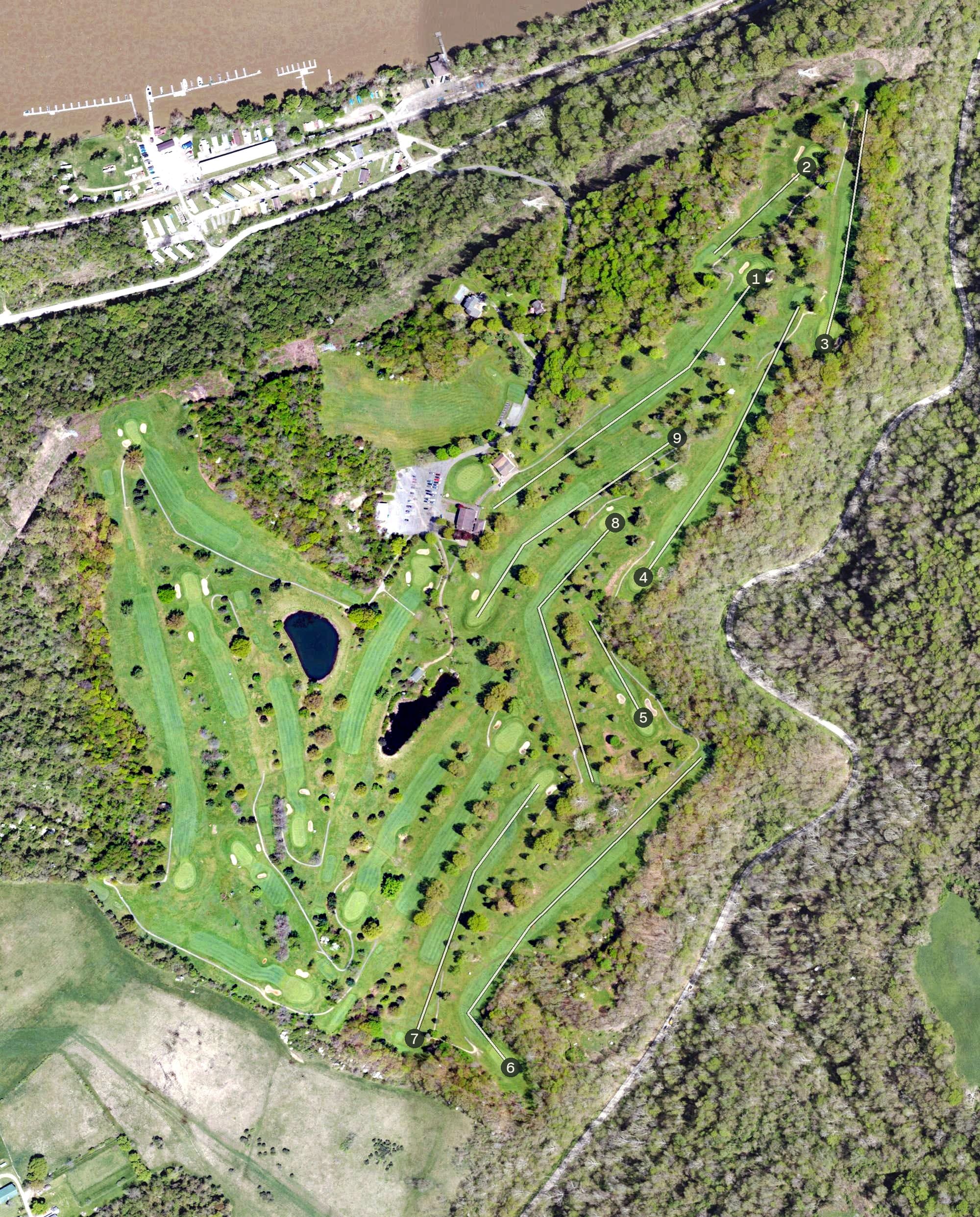 Aerial view of Riverview Golf Course, PA, with its hole routing marked