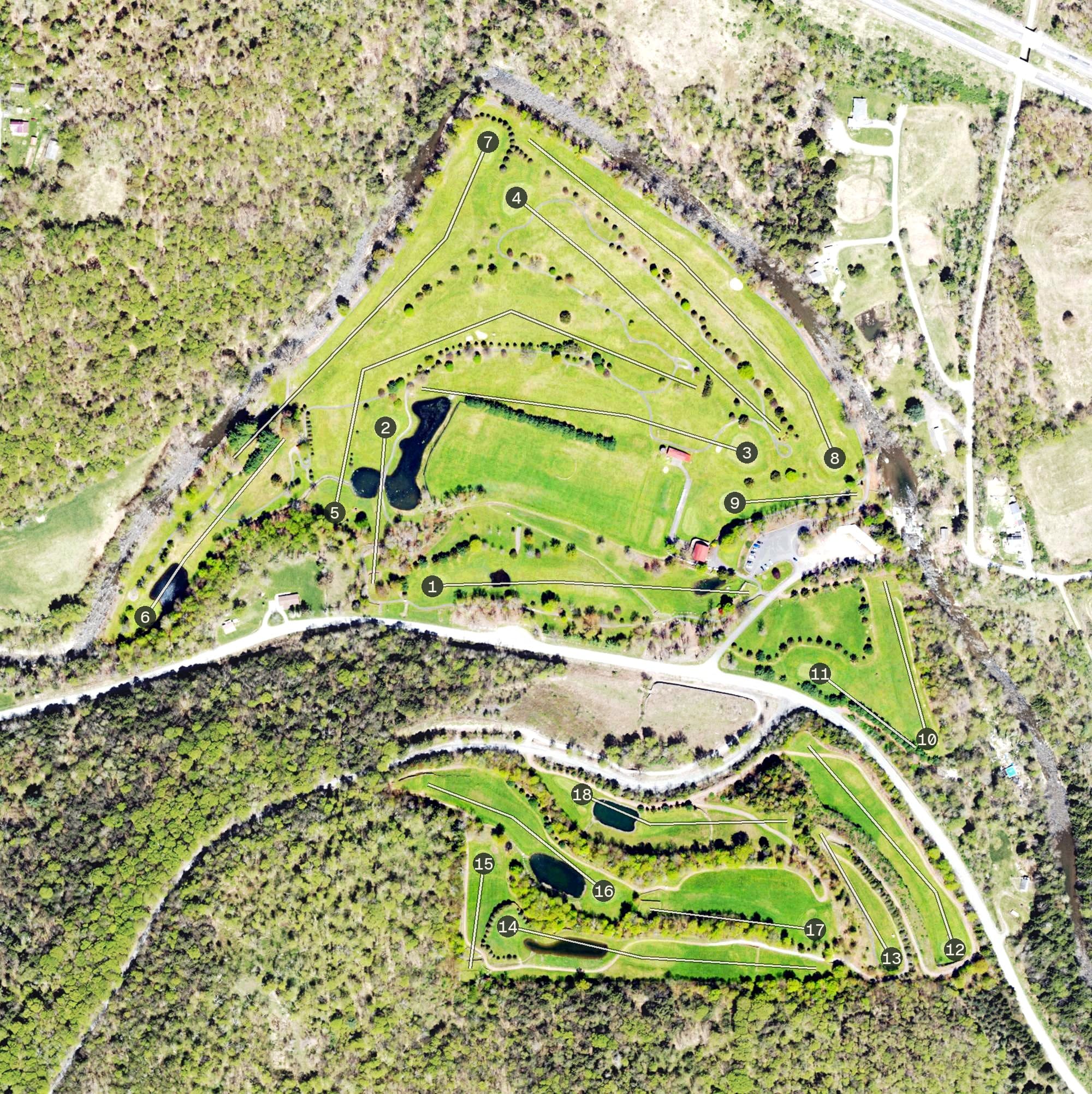 Aerial view of Rock Creek Golf Course, PA, with its hole routing marked