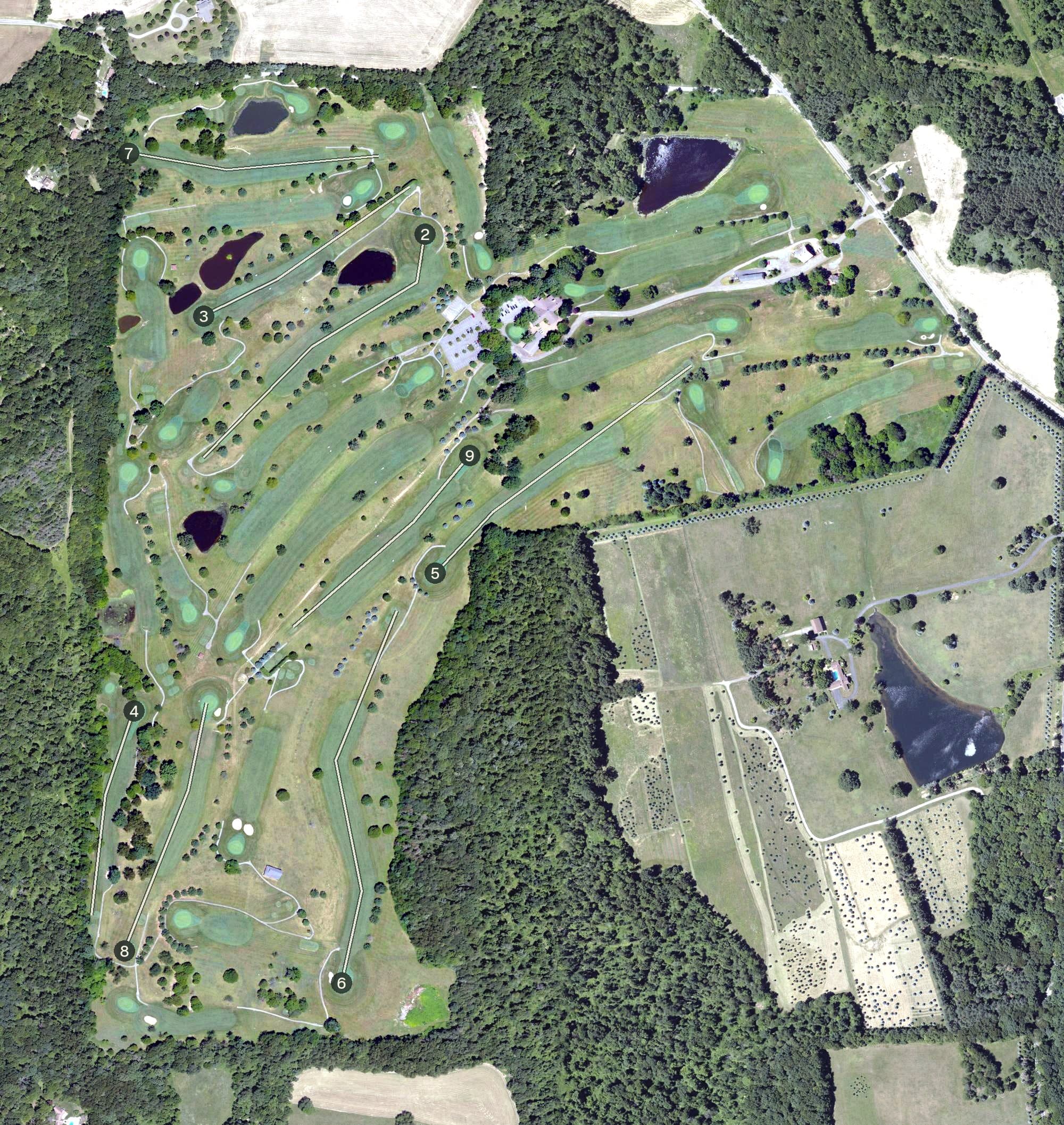 Aerial view of Rolling Acres Golf Course, PA, with its hole routing marked