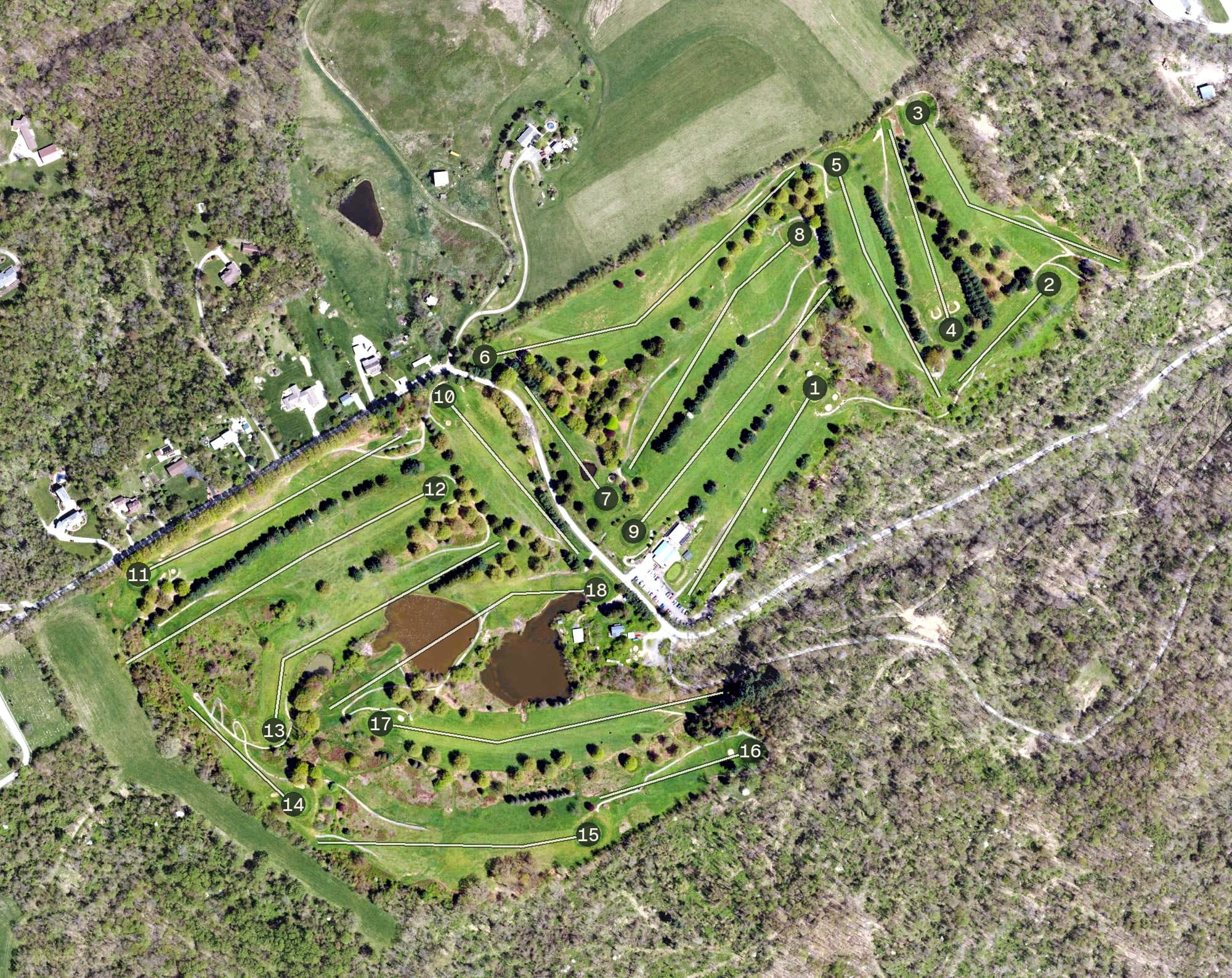 Aerial view of Rolling Fields Golf Course, PA, with its hole routing marked