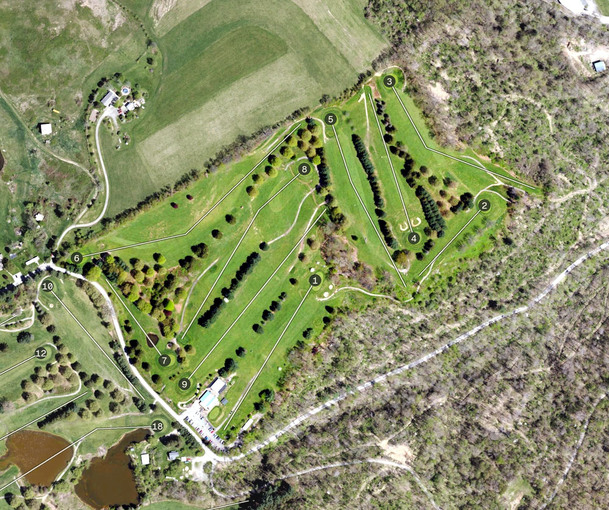 Aerial view of Rolling Fields Golf Course, PA, with its hole routing marked