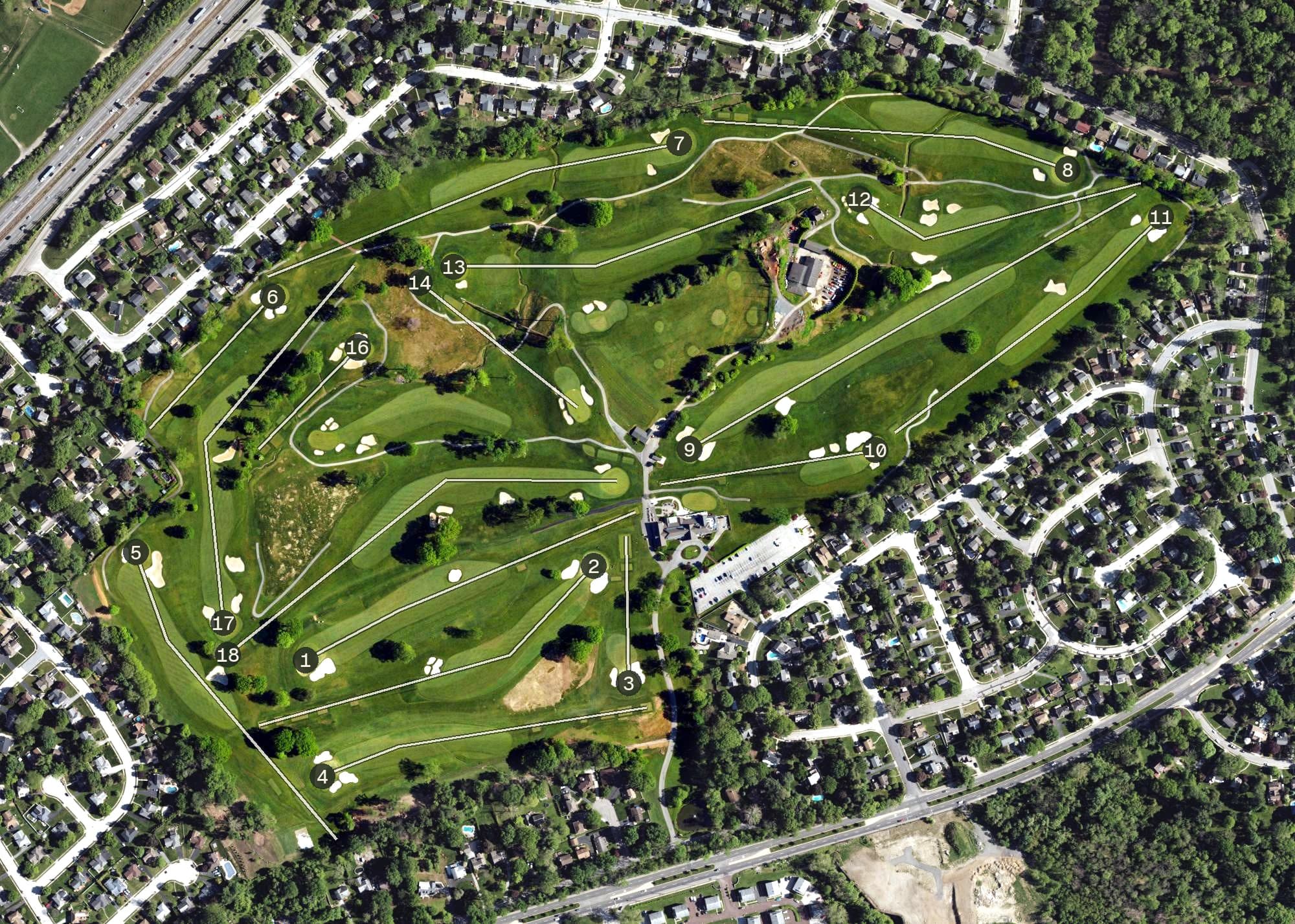 Aerial view of Rolling Green Golf Club, PA, with its hole routing marked