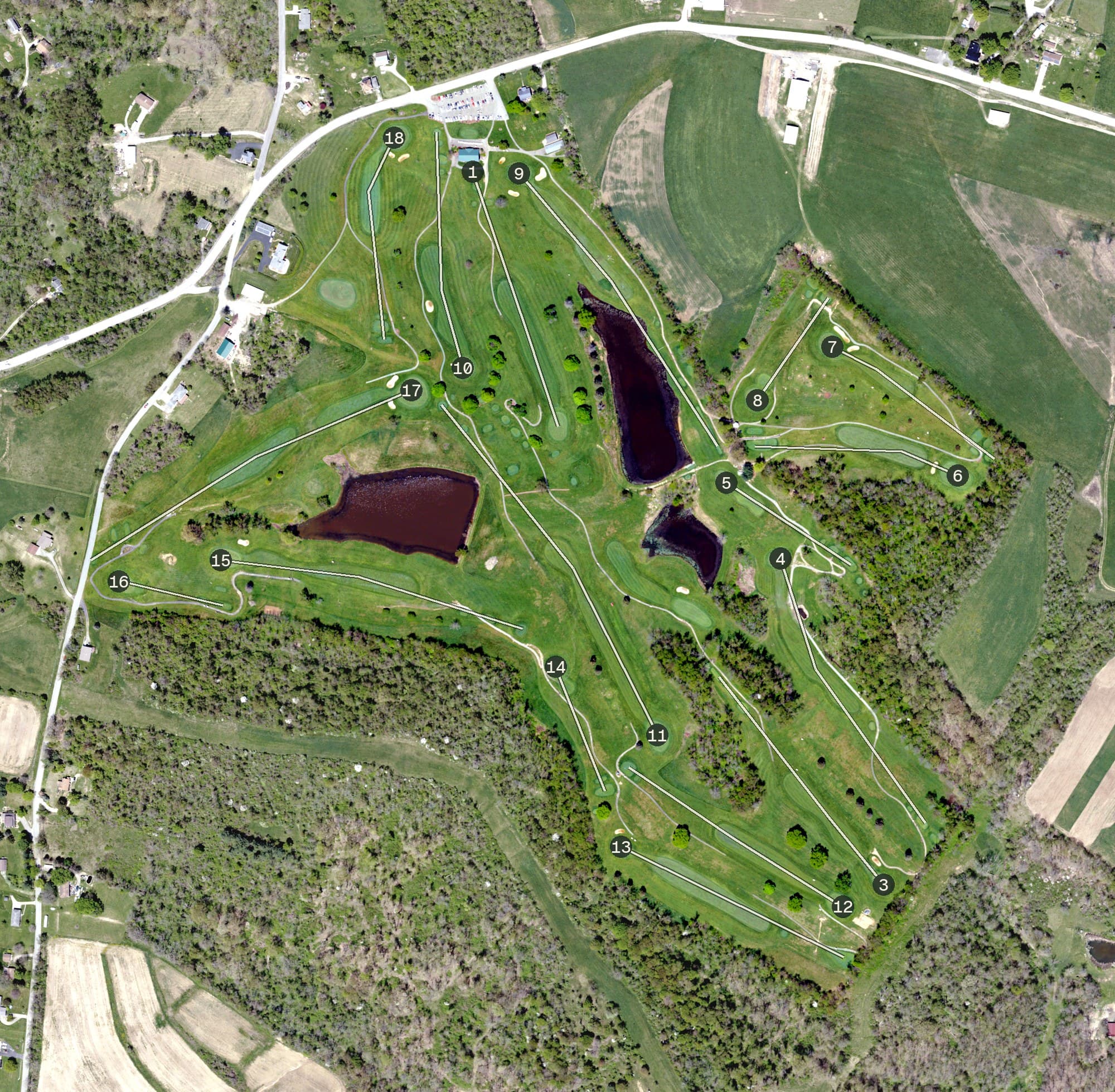 Aerial view of Rolling Green Golf Course, PA, with its hole routing marked